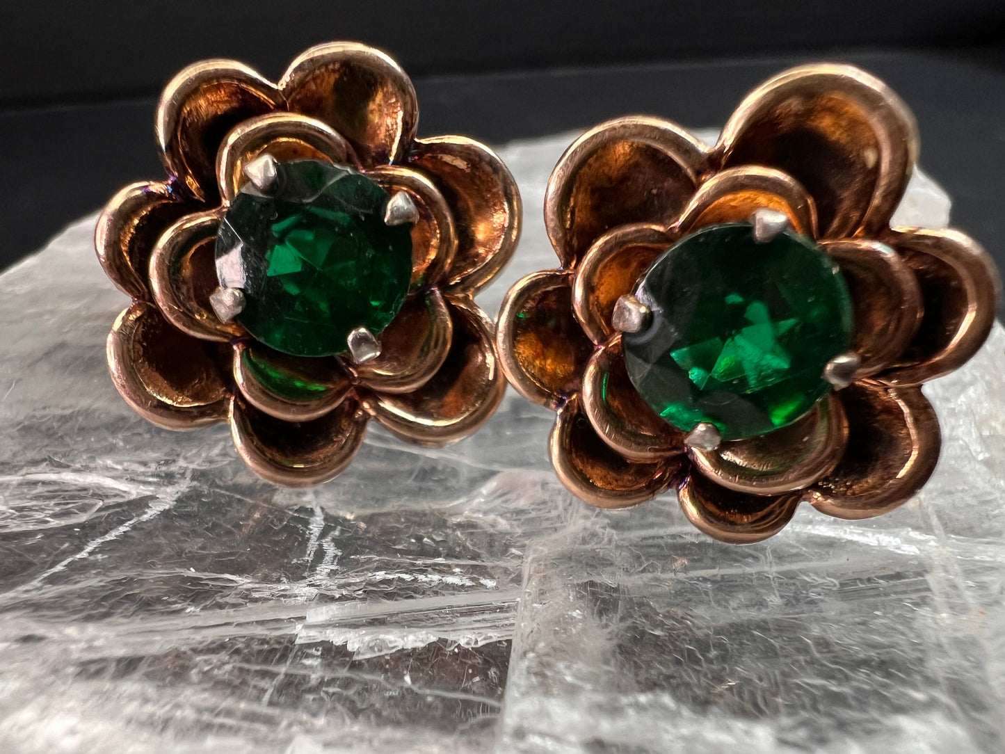 Vintage 1940s Vermeil Flower Screw Back Green Paste Earrings