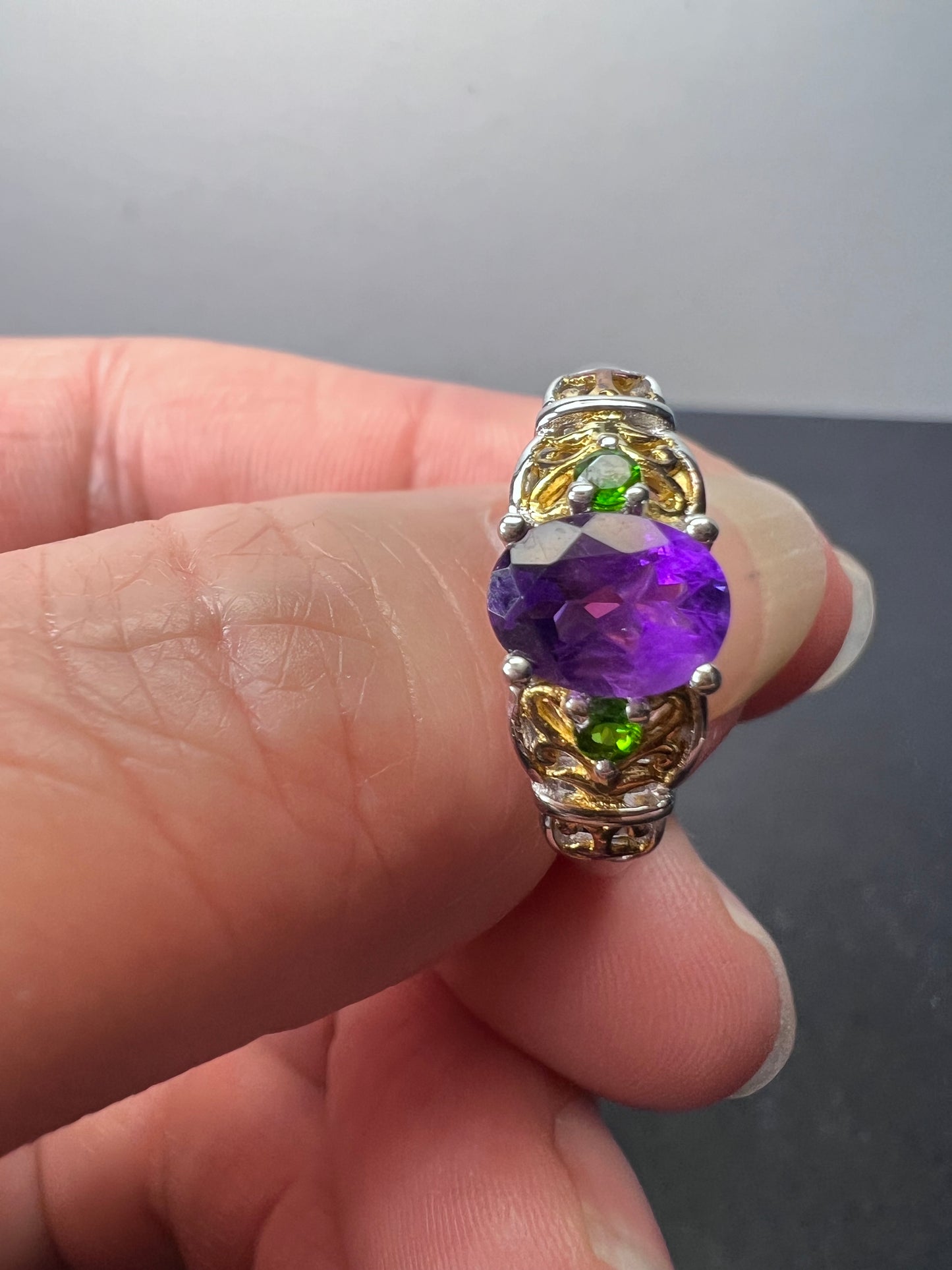 Amethyst and chrome diopside two toned sterling silver ring size 9