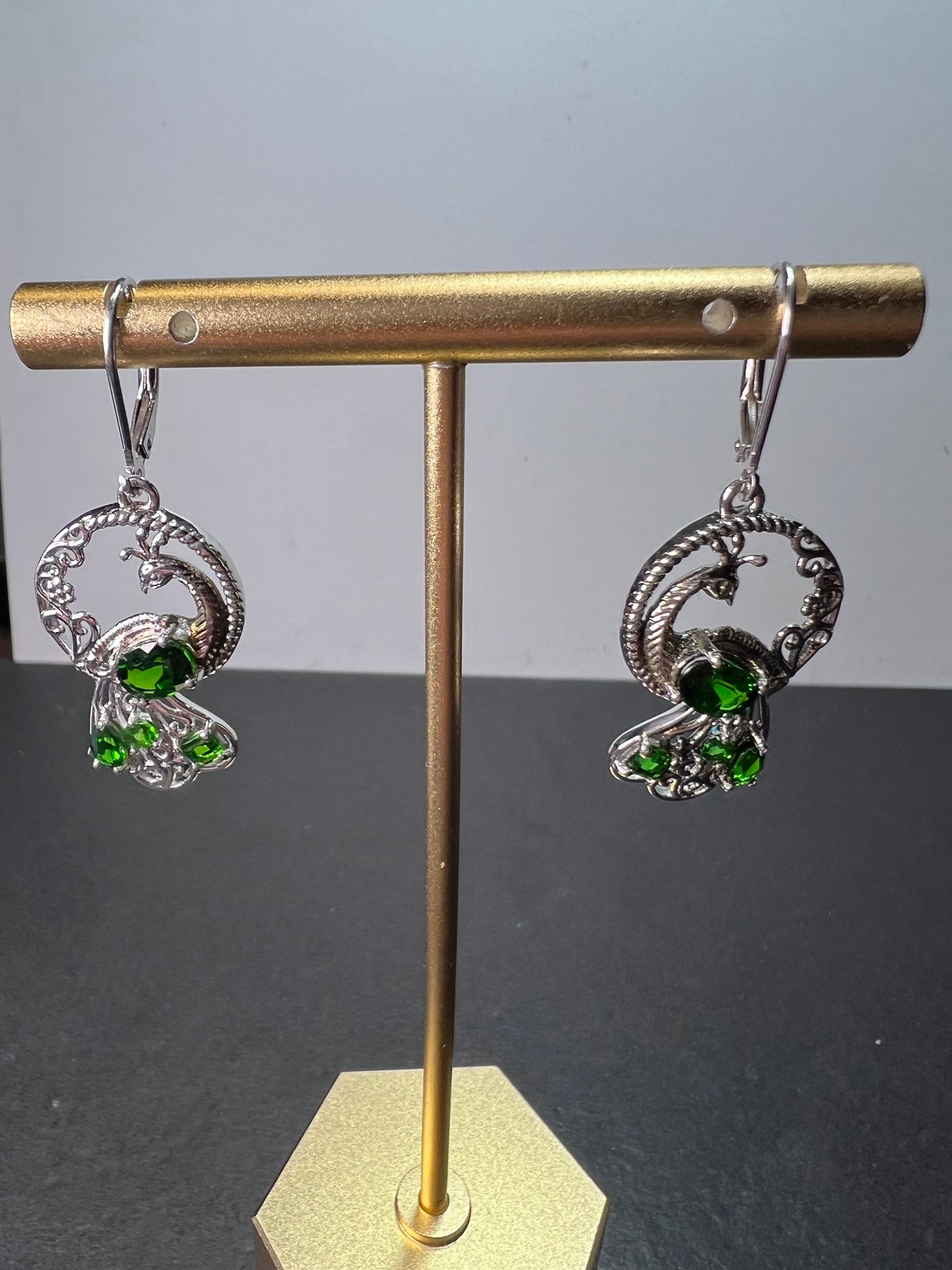 Chrome diopside sterling silver peacock dangle earrings