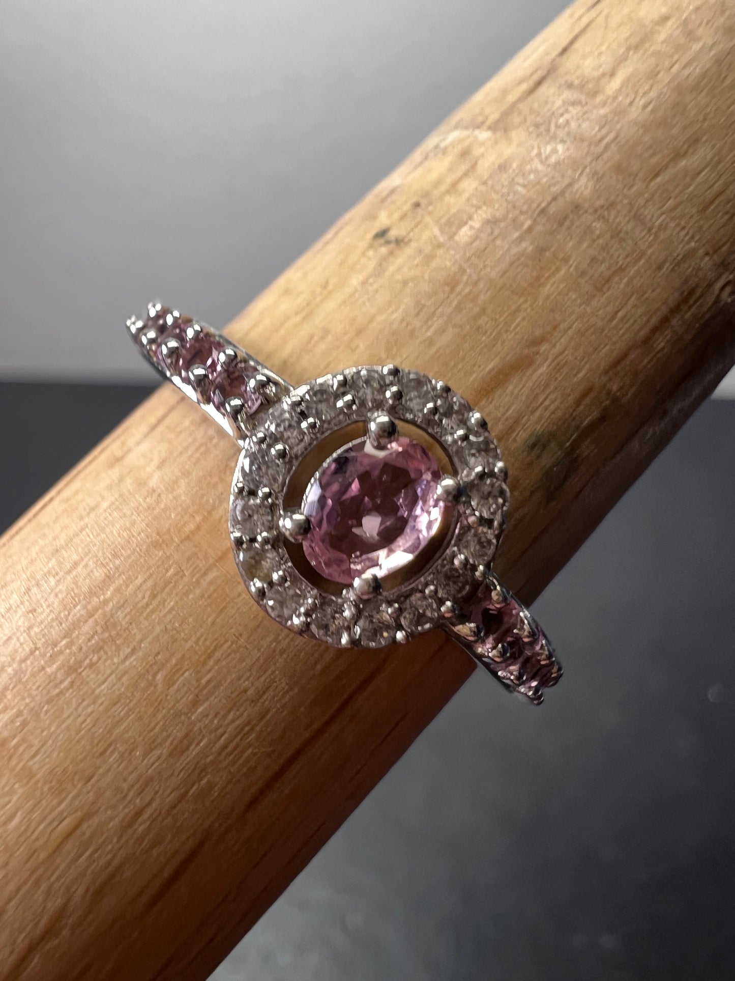 Pink tourmaline and white zircon sterling silver halo ring size 9