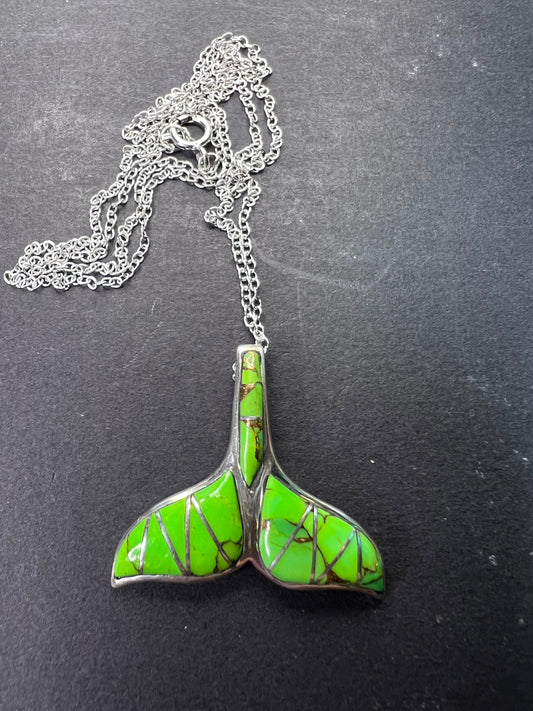 Green Mojave turquoise sterling silver whale tail pendant with 18 inch chain necklace