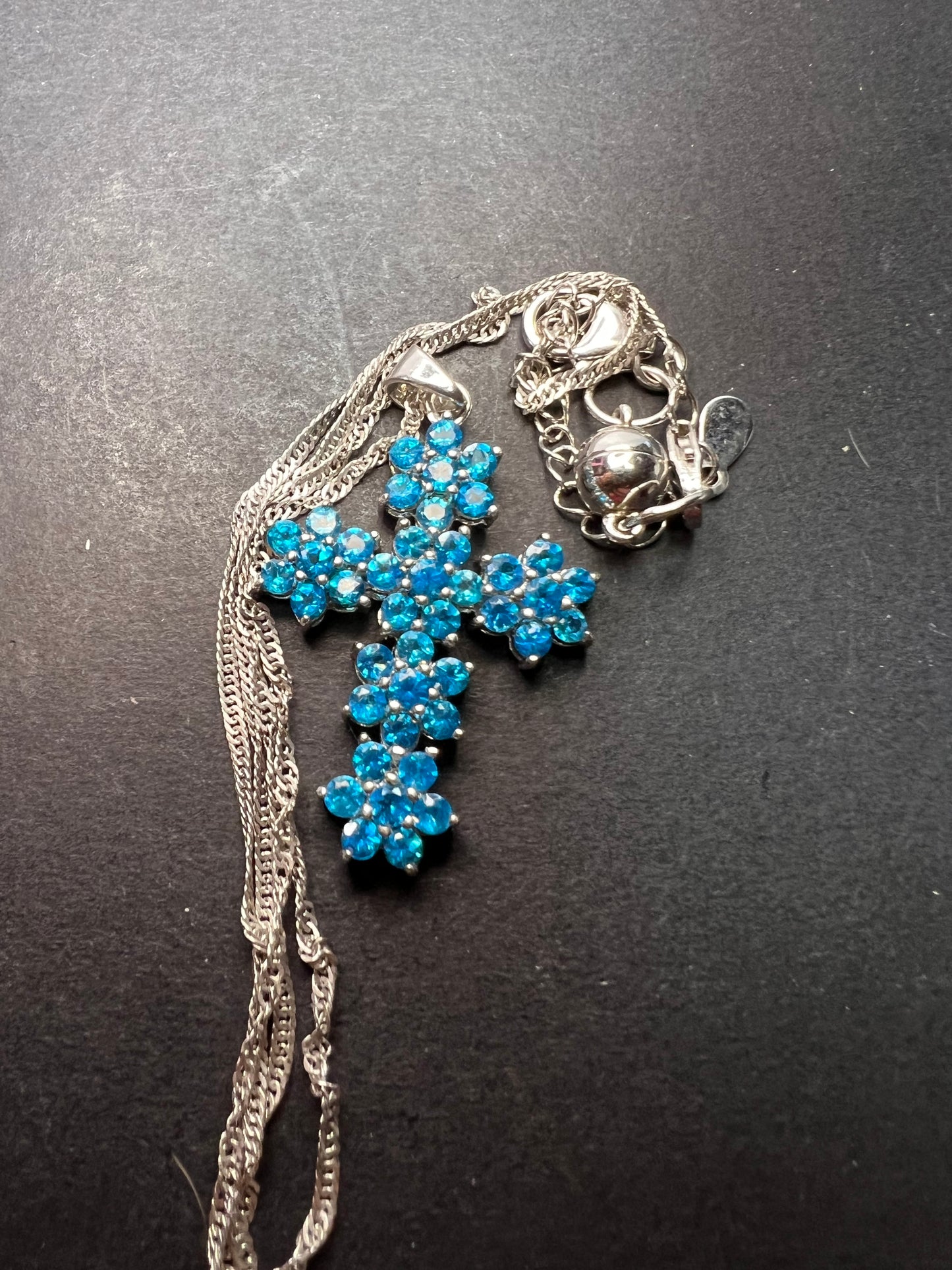 Blue Apatite Rhodium Over Sterling Silver Cross Pendant With Chain 3.25ctw