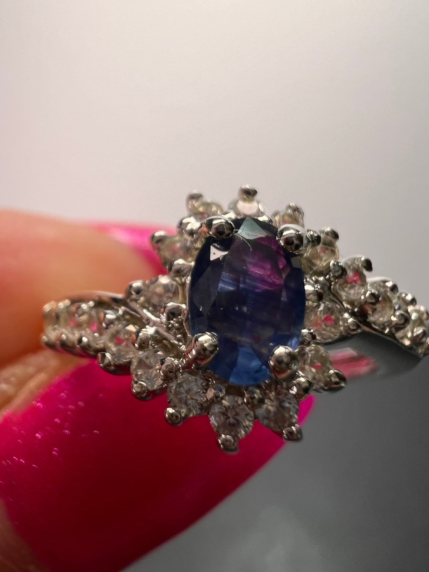 Blue sapphire and zircon floral ring in platinum over sterling silver size 5