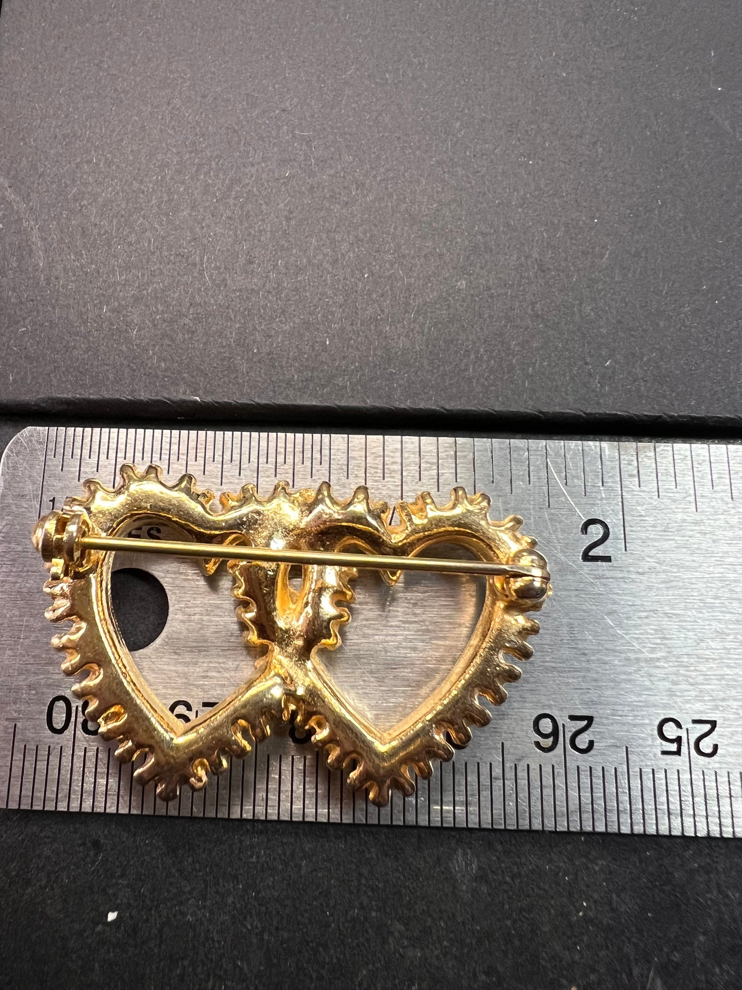 Vintage Gold Tone Double Heart Green Clear Rhinestone Brooch