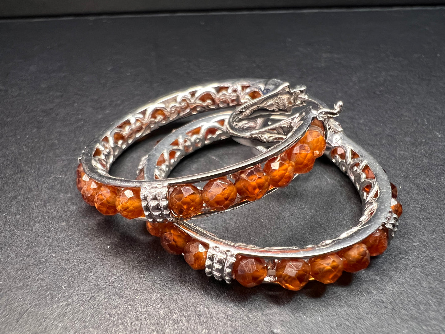NEW Hessonite garnet hoop earrings in platinum over brass