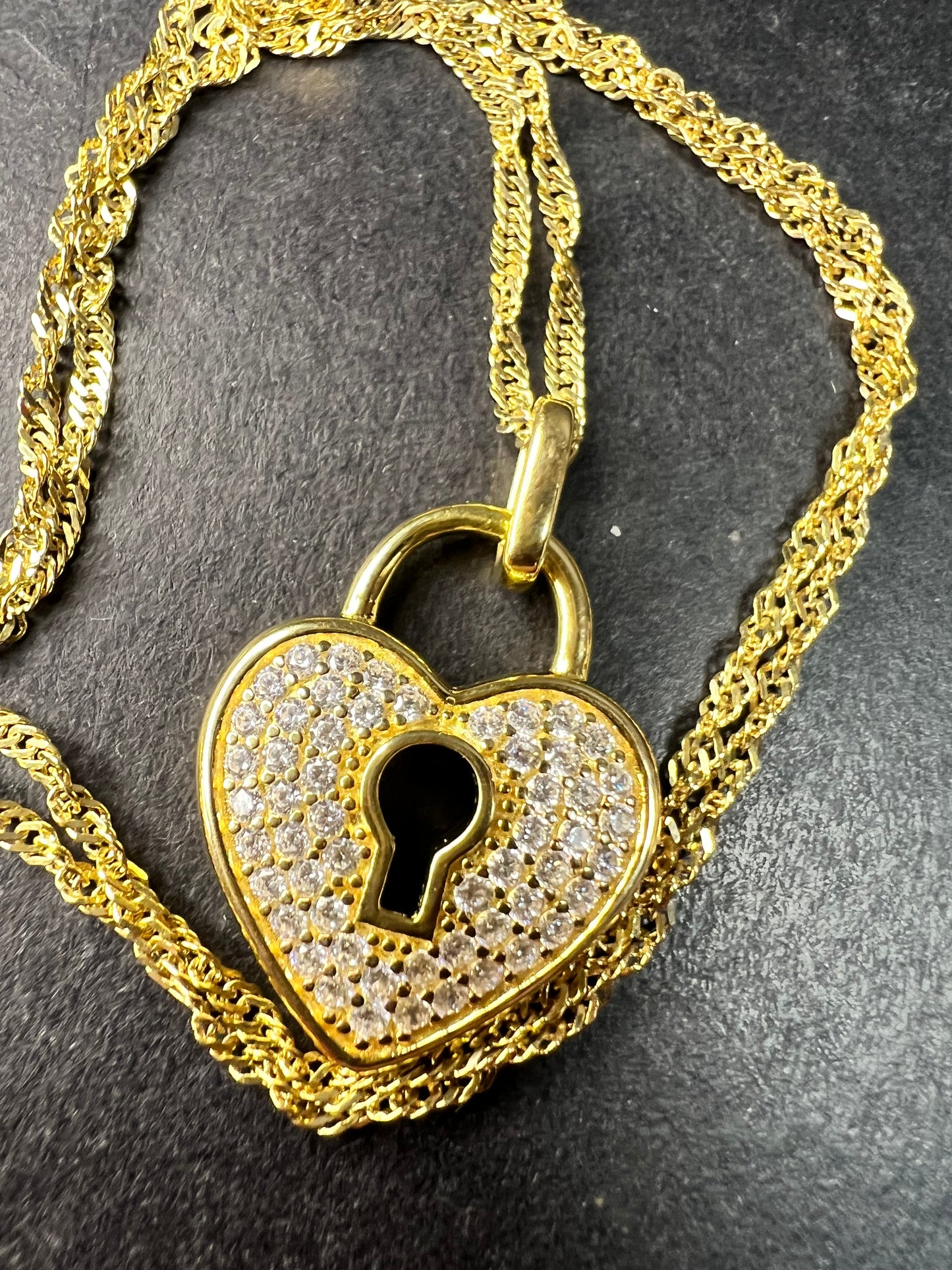 NEW Gold Plated Sterling Silver CZ Heart Lock Necklace 18”