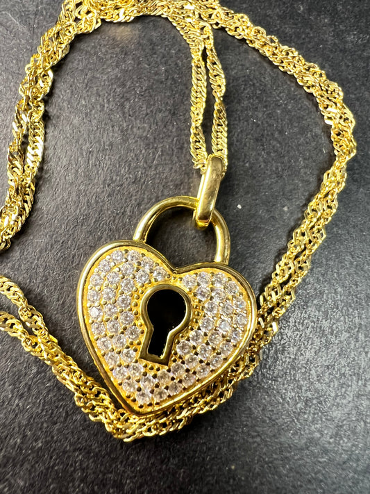 NEW Gold Plated Sterling Silver CZ Heart Lock Necklace 18”