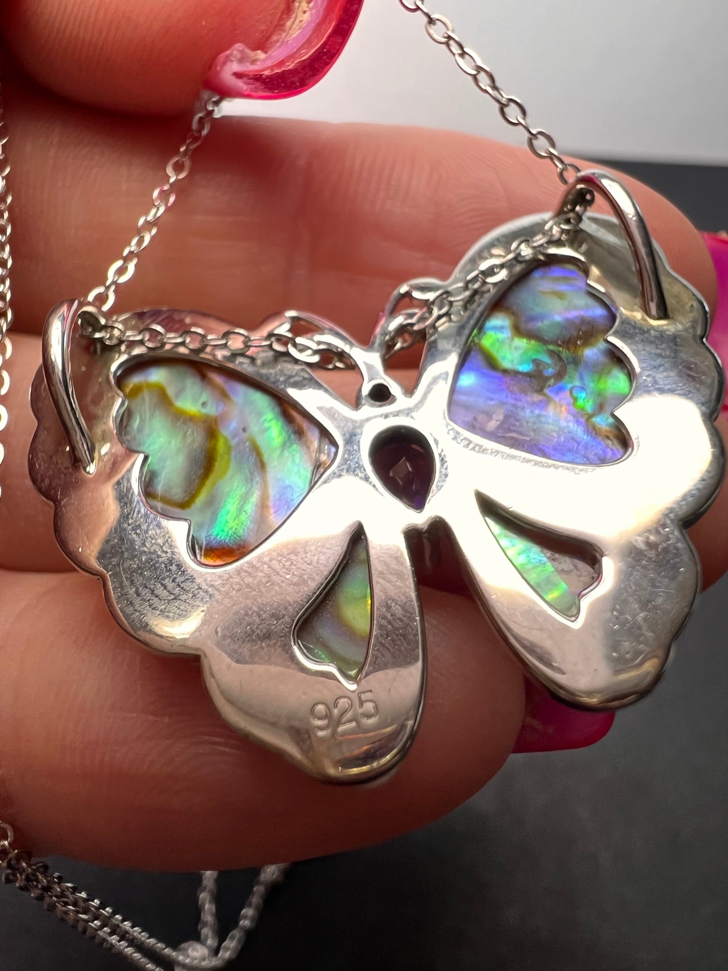 Abalone, amethyst and pearl butterfly sterling silver necklace