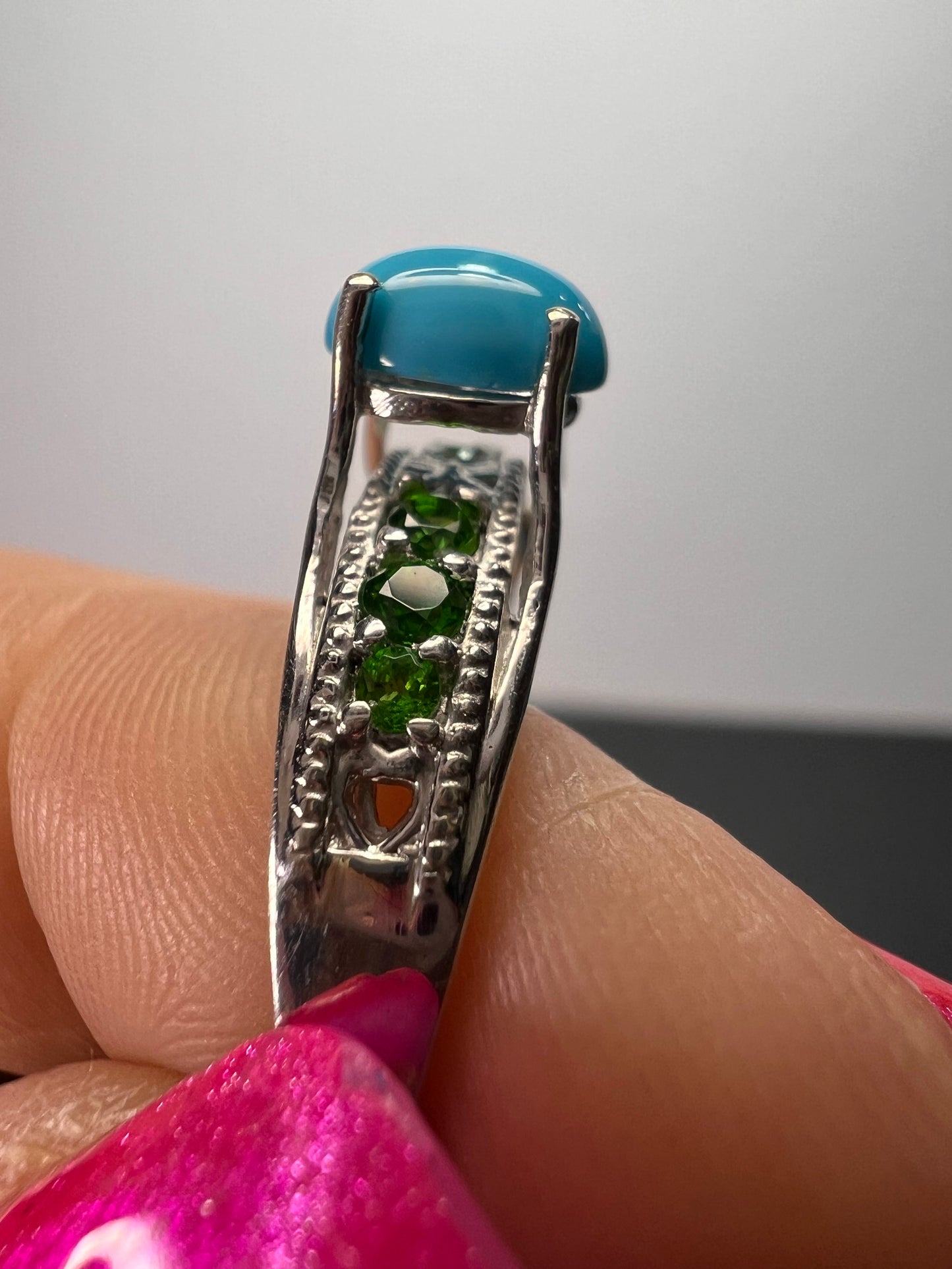 Sleeping Beauty turquoise and chrome diopside sterling silver ring size 9