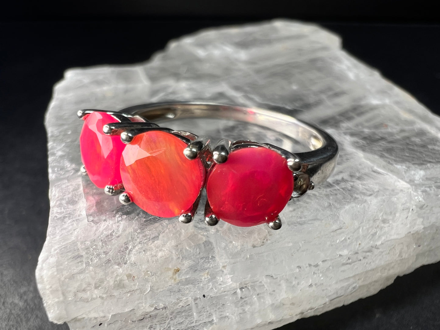 Sterling Silver Neon Pink Opal Ring Size 9 Topaz 925