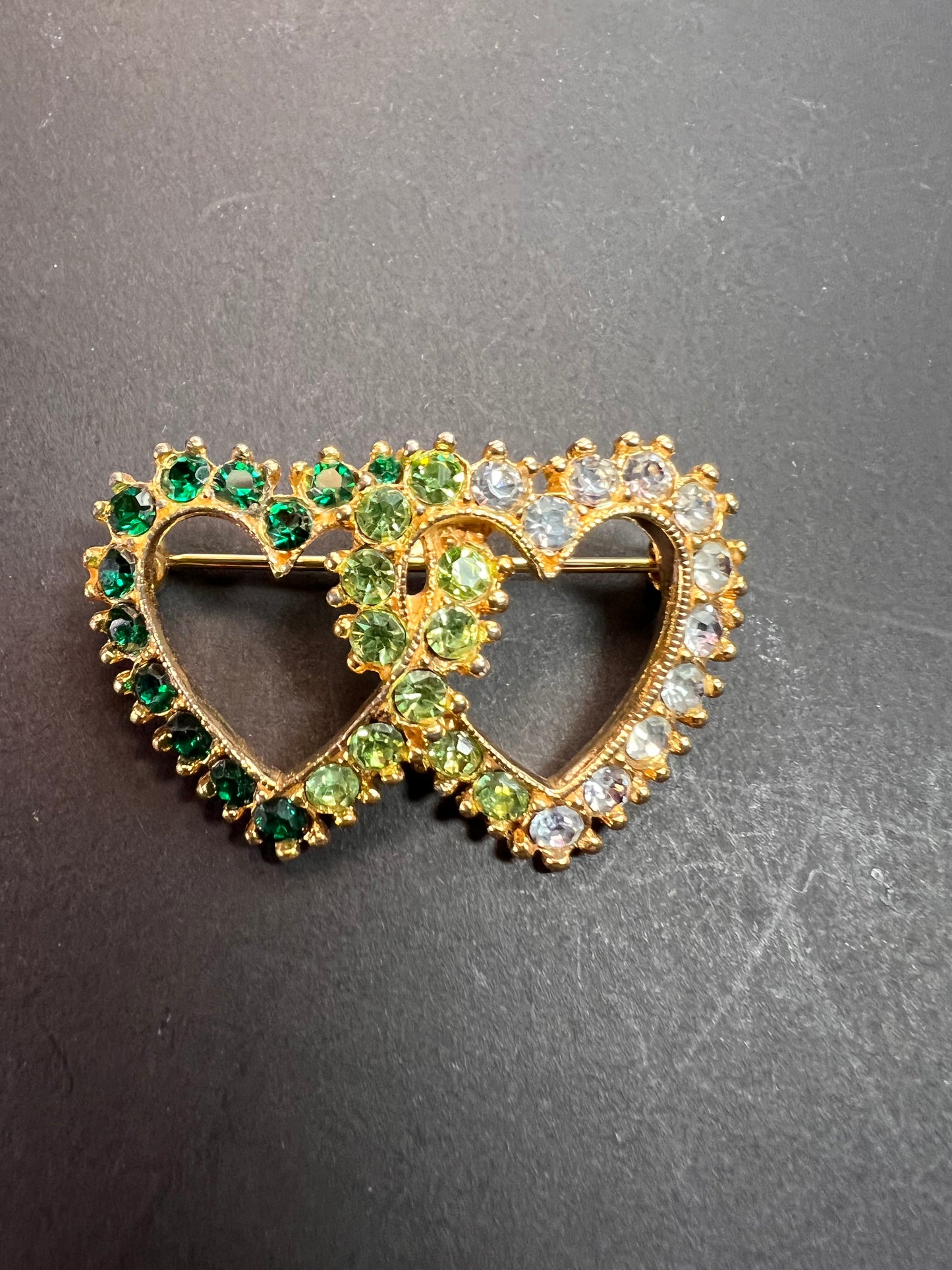 Vintage Gold Tone Double Heart Green Clear Rhinestone Brooch
