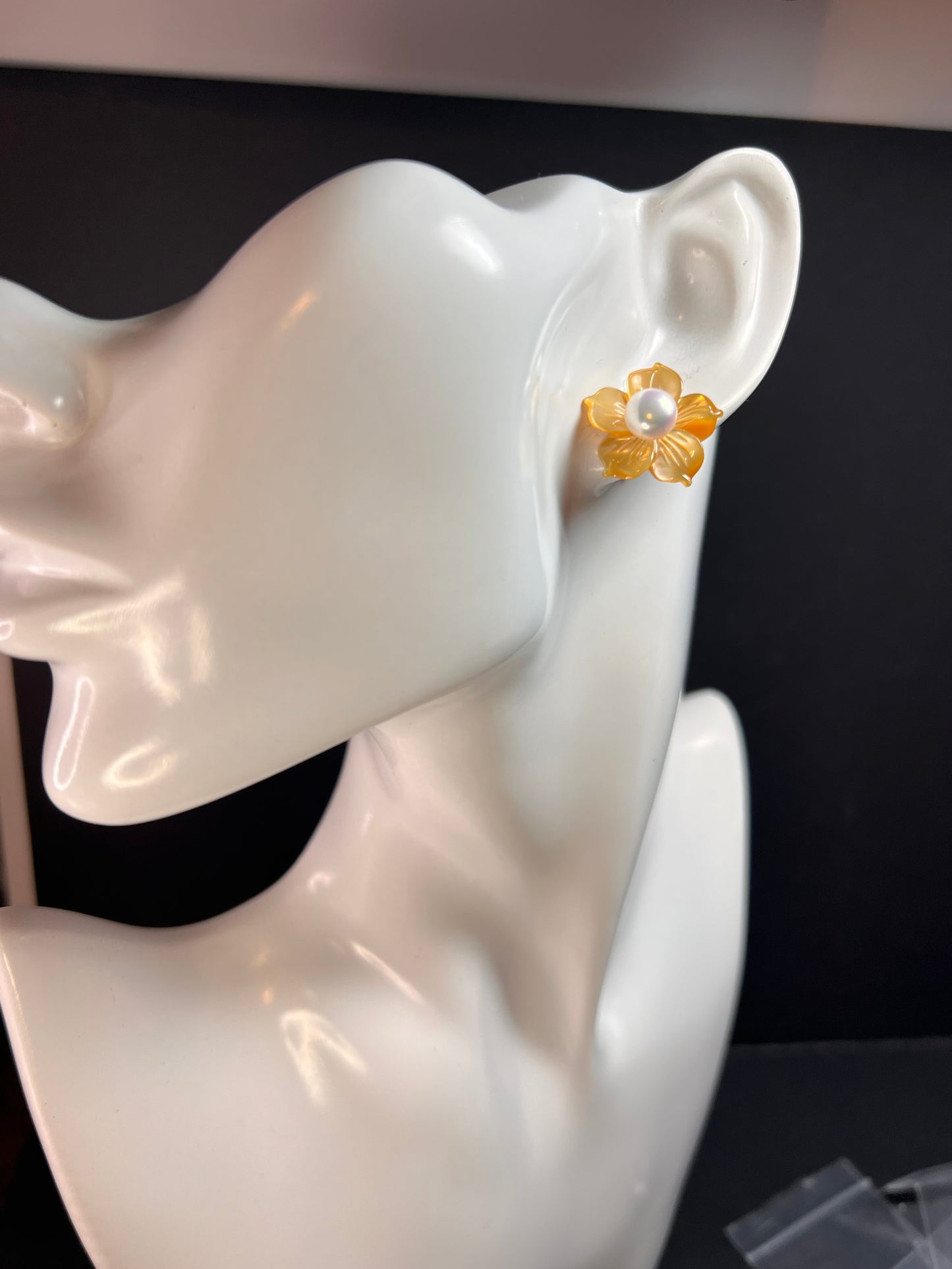 Vintage dead stock set of mother of pearl plumeria stud earrings in sterling silver