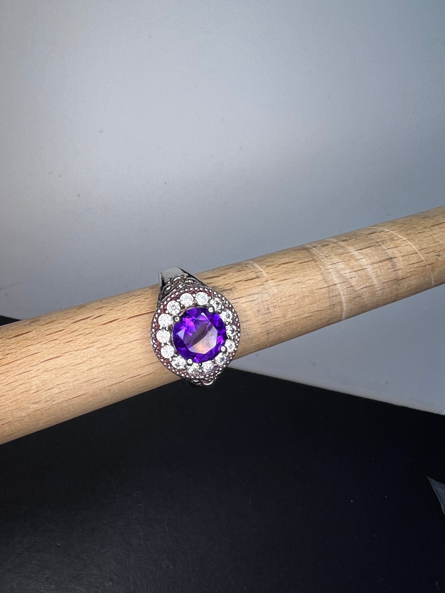 Amethyst and white spinel sterling silver halo ring size 9