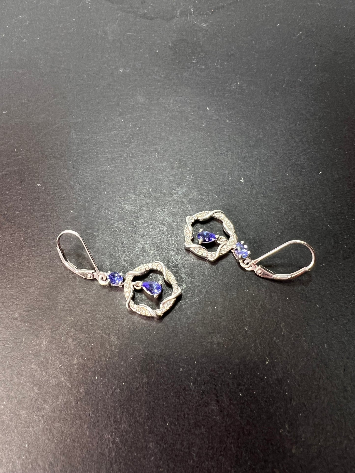 Tanzanite and diamond sterling silver drop earrings