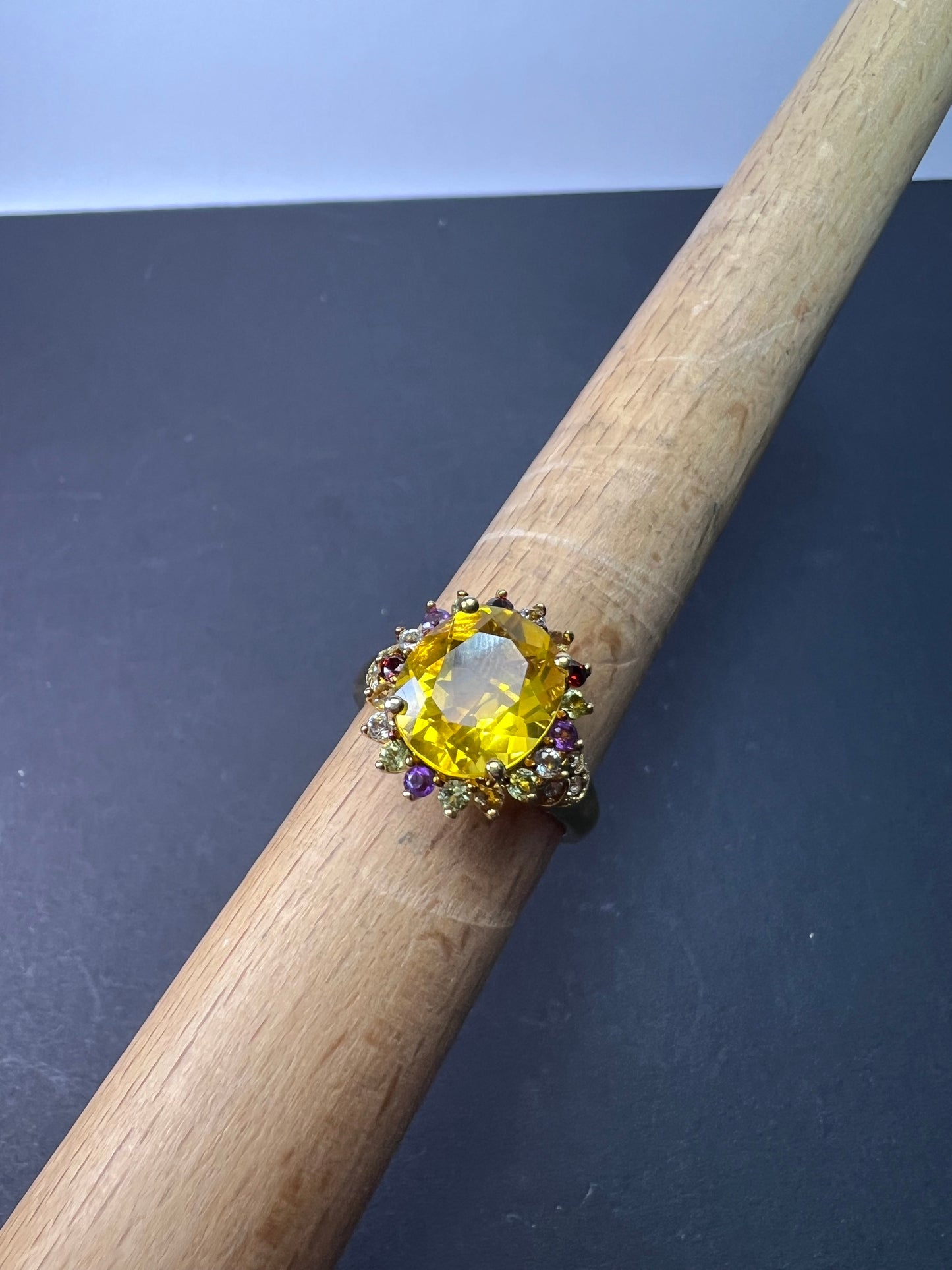 Yellow topaz multi stone gold over sterling silver halo cocktail ring size 8