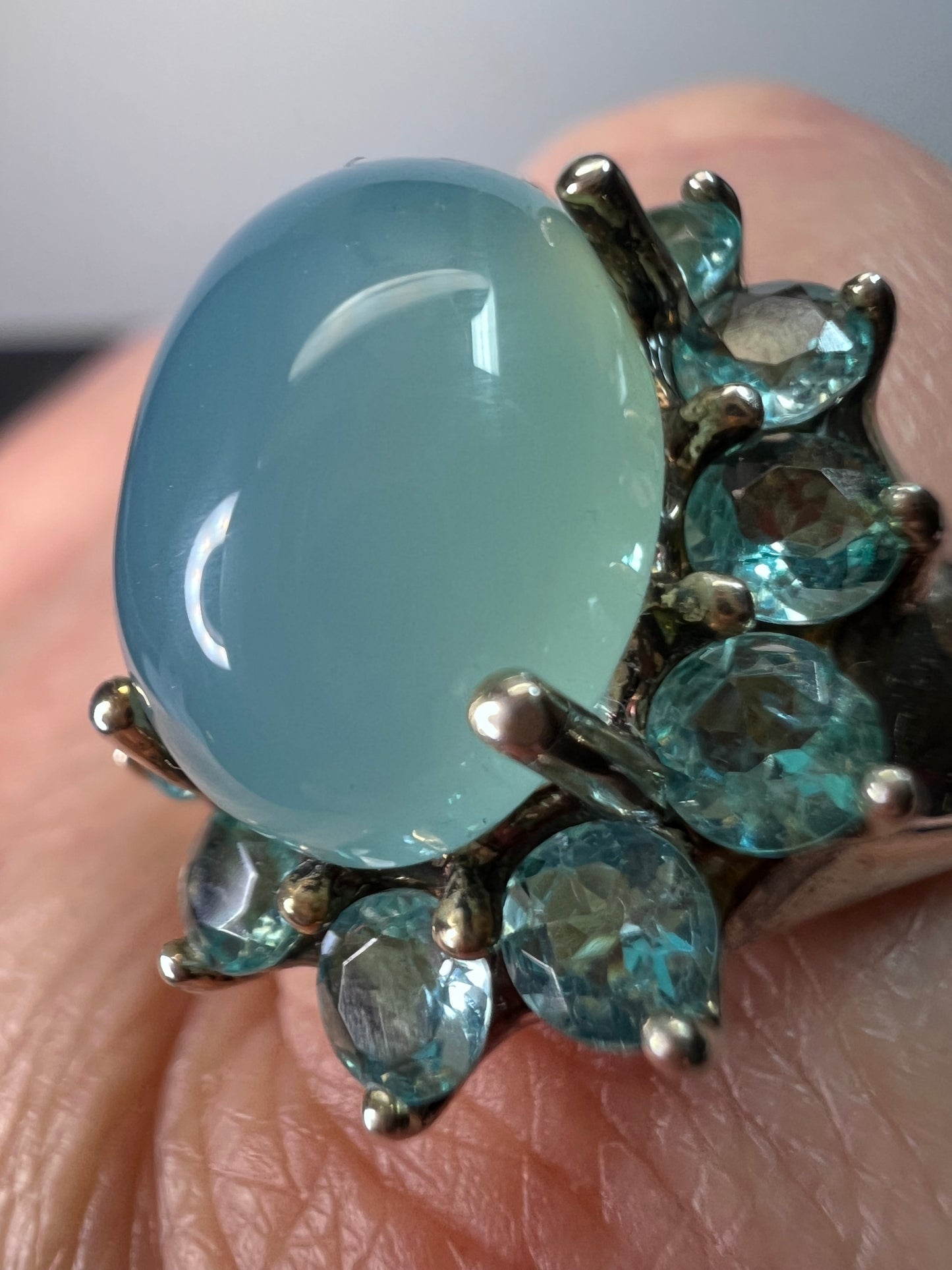 Blue chalcedony and apatite sterling ring size 10