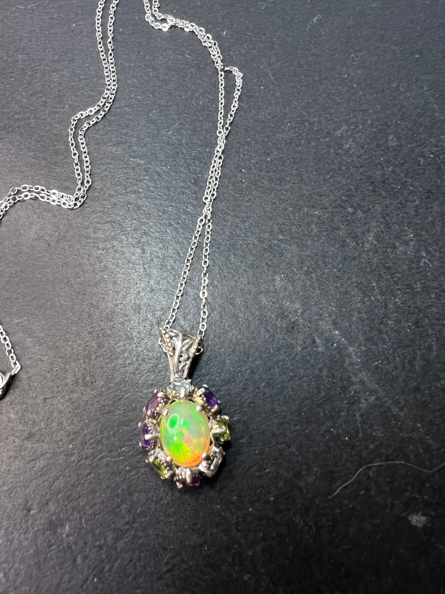 Ethiopian opal multi stone sterling silver halo pendant necklace