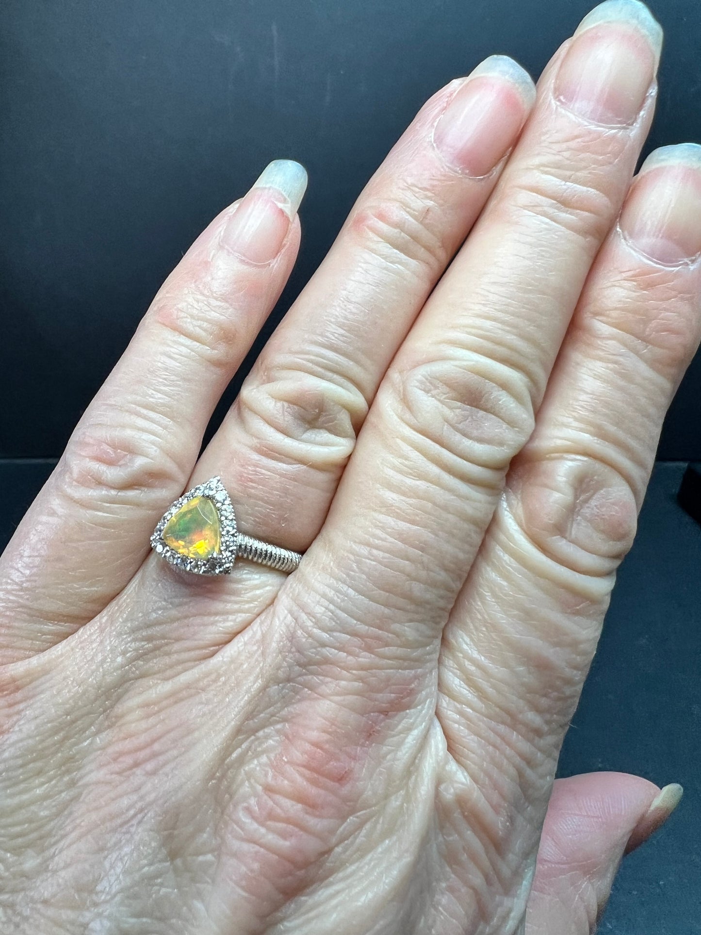 Ethiopian Opal Halo Ring Sterling Silver Size 7 Trillion Cut