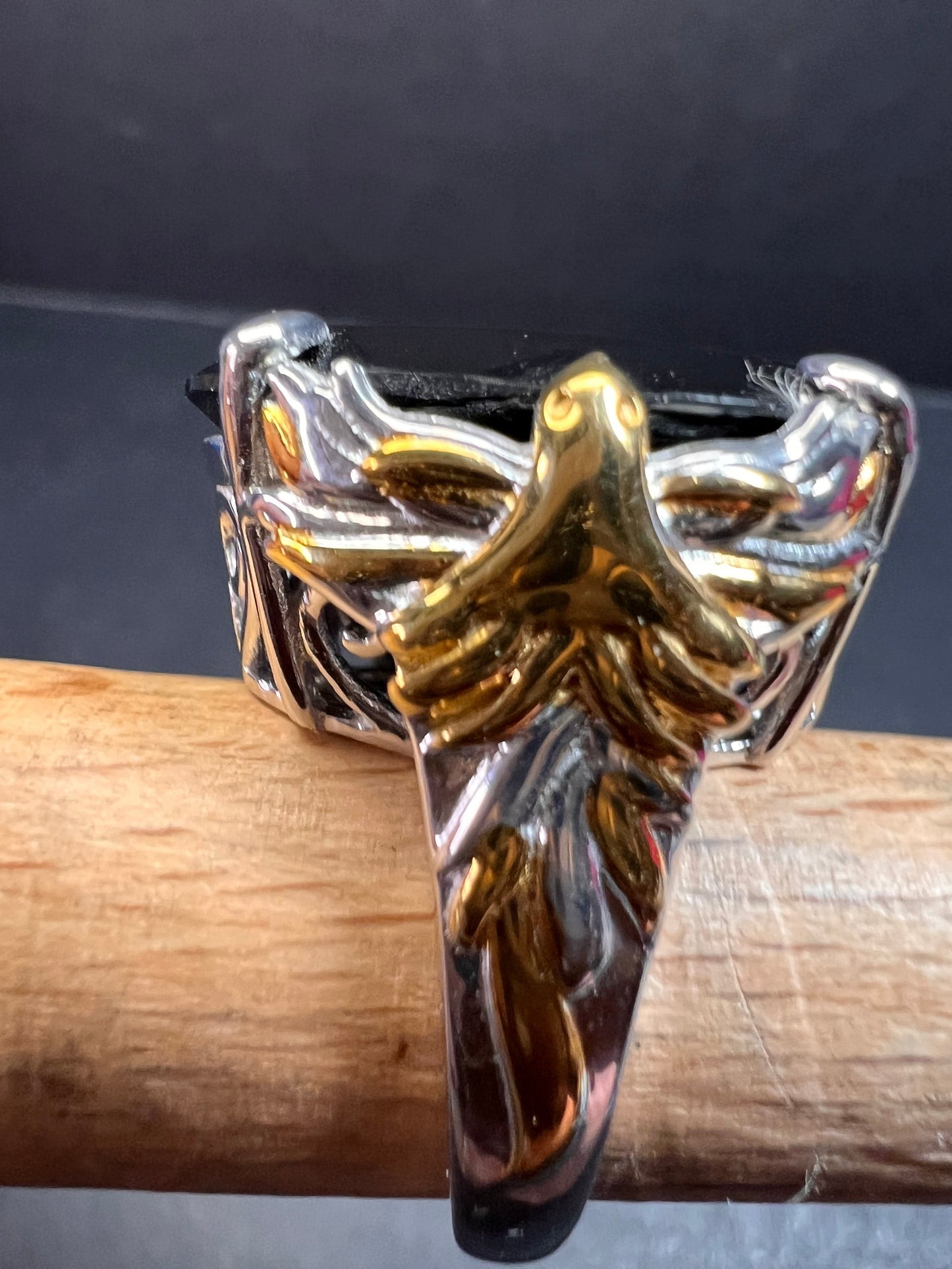 NEW Black spinel Phoenix ring in rhodium and gold vermeil over sterling silver size 7