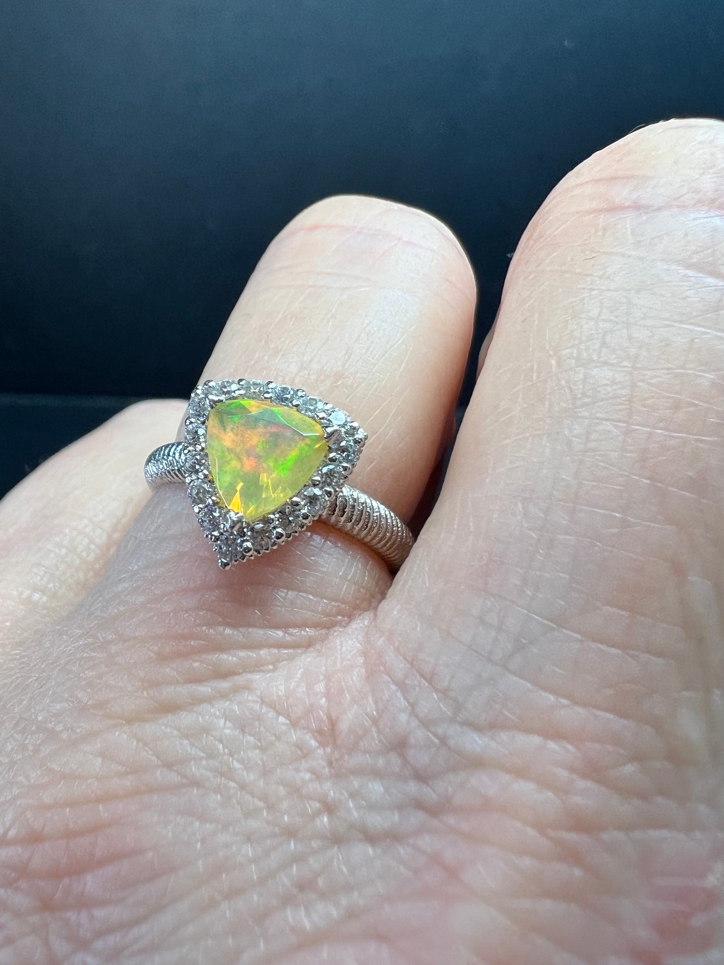 Ethiopian Opal Halo Ring Sterling Silver Size 7 Trillion Cut