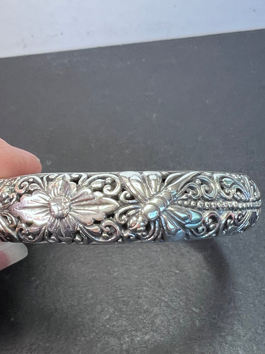 Bali Sterling silver dragonfly flower bangle bracelet