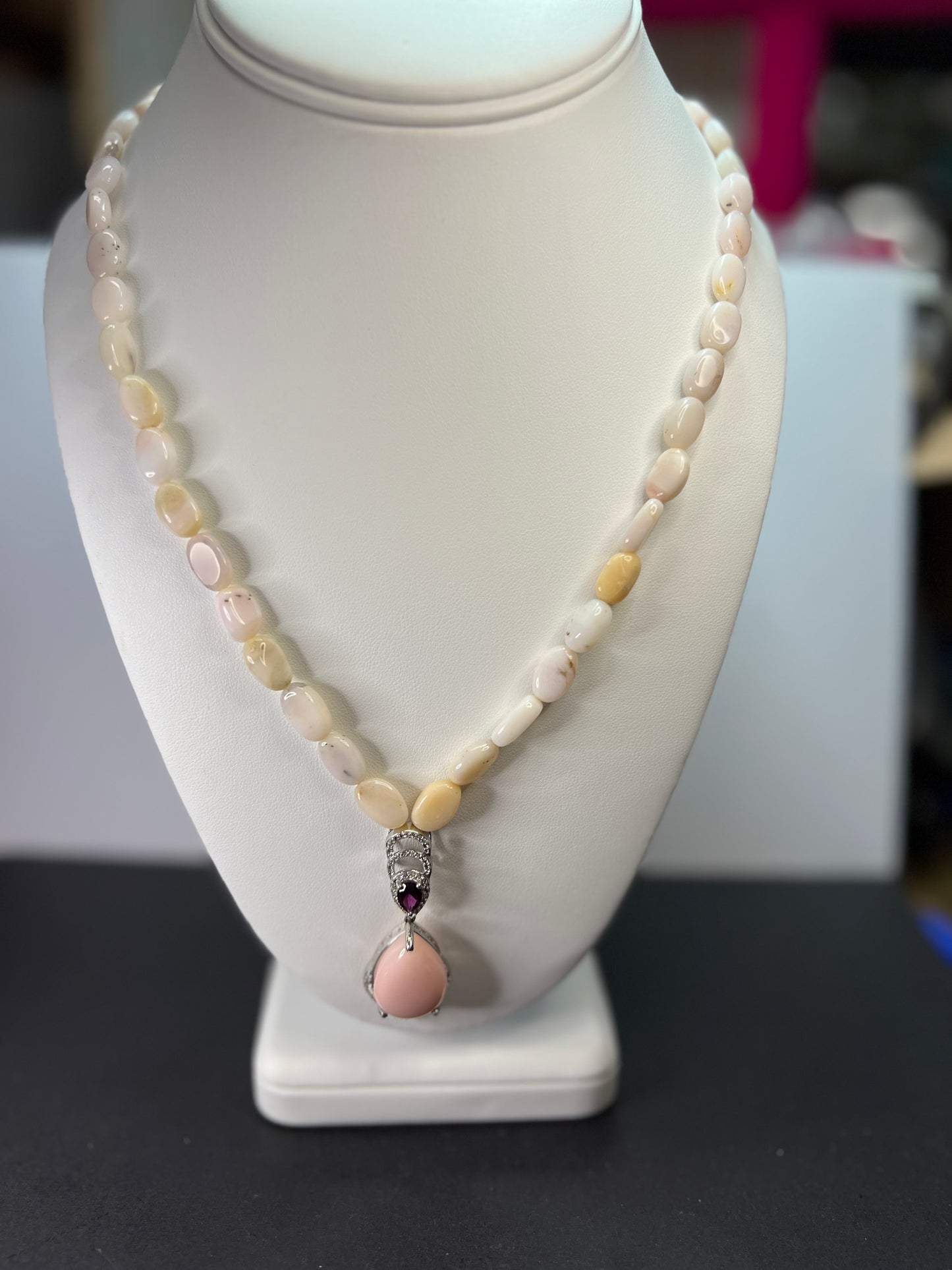 Peruvian pink opal and raspberry rhodolite garnet sterling silver necklace