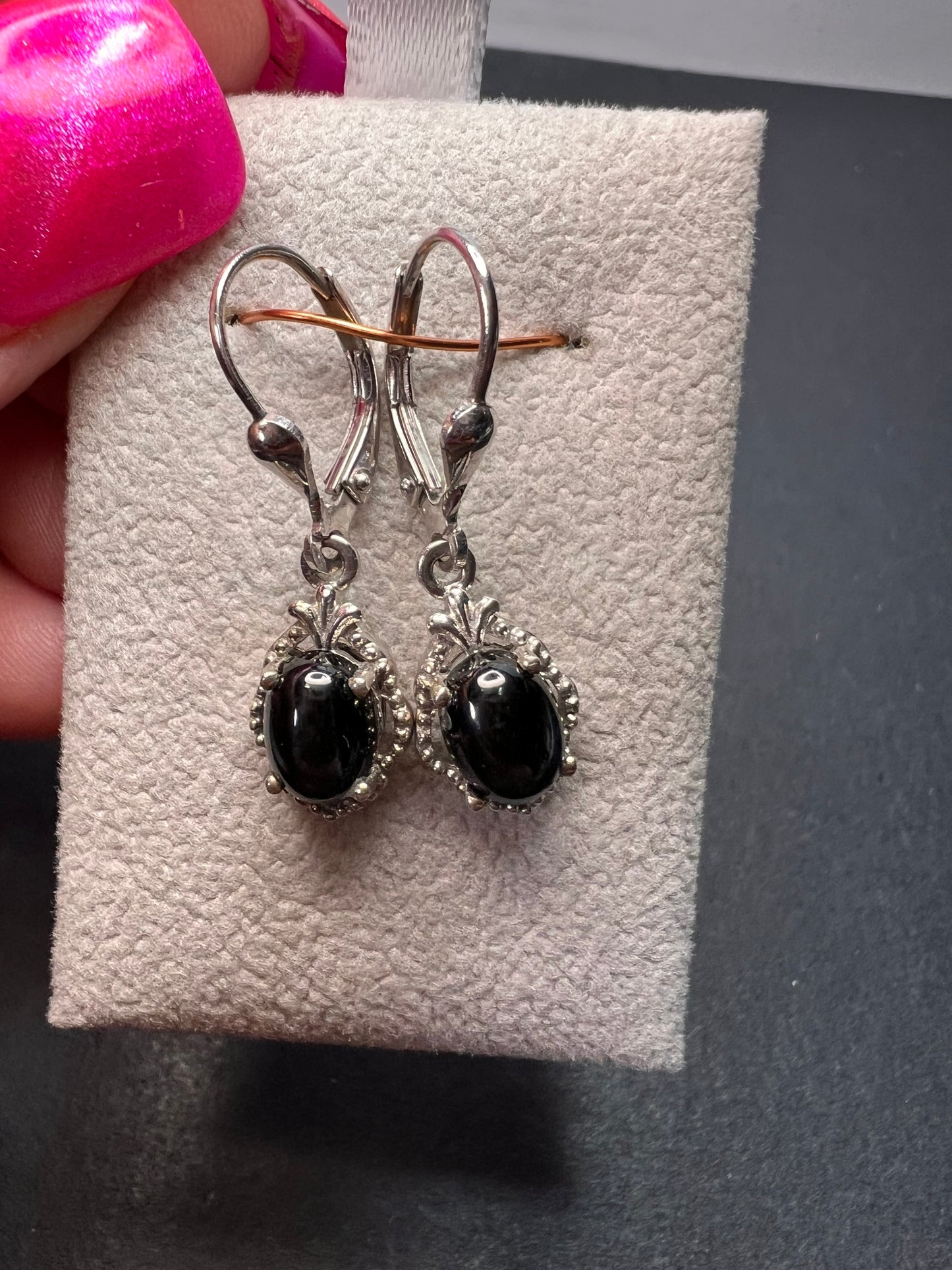 Black star sapphire sterling silver leverback earrings