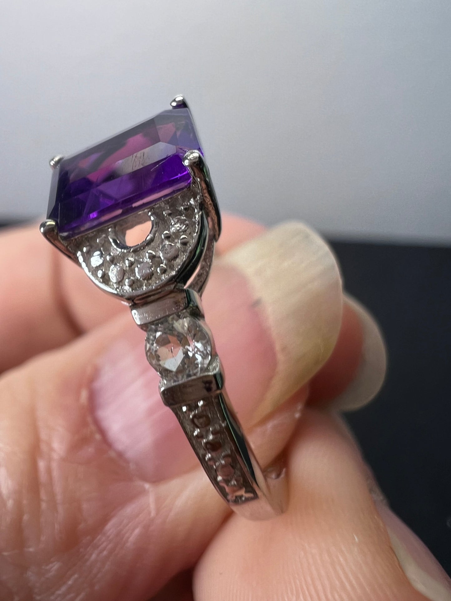 Amethyst and white topaz sterling silver ring size 9