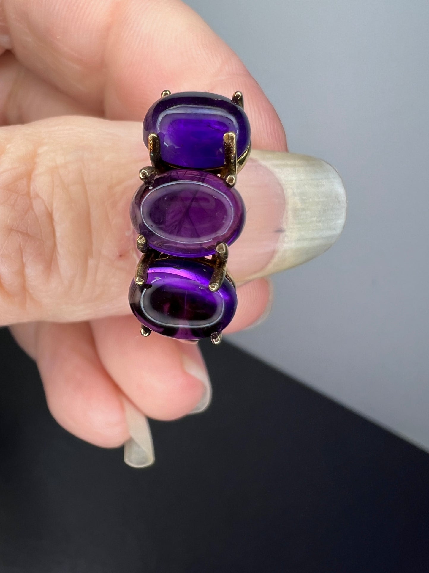 Triple amethyst stone ring in gold over sterling silver size 9