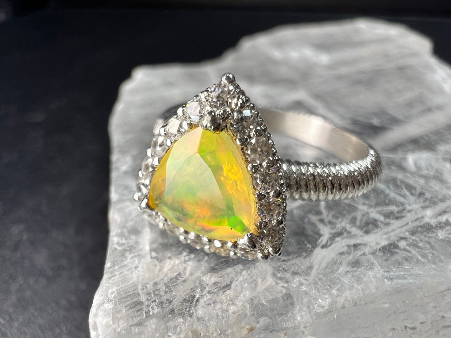 Ethiopian Opal Halo Ring Sterling Silver Size 7 Trillion Cut