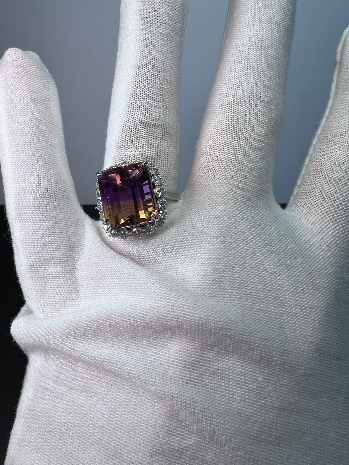 Ametrine and moissanite halo ring in rhodium over sterling silver size 8