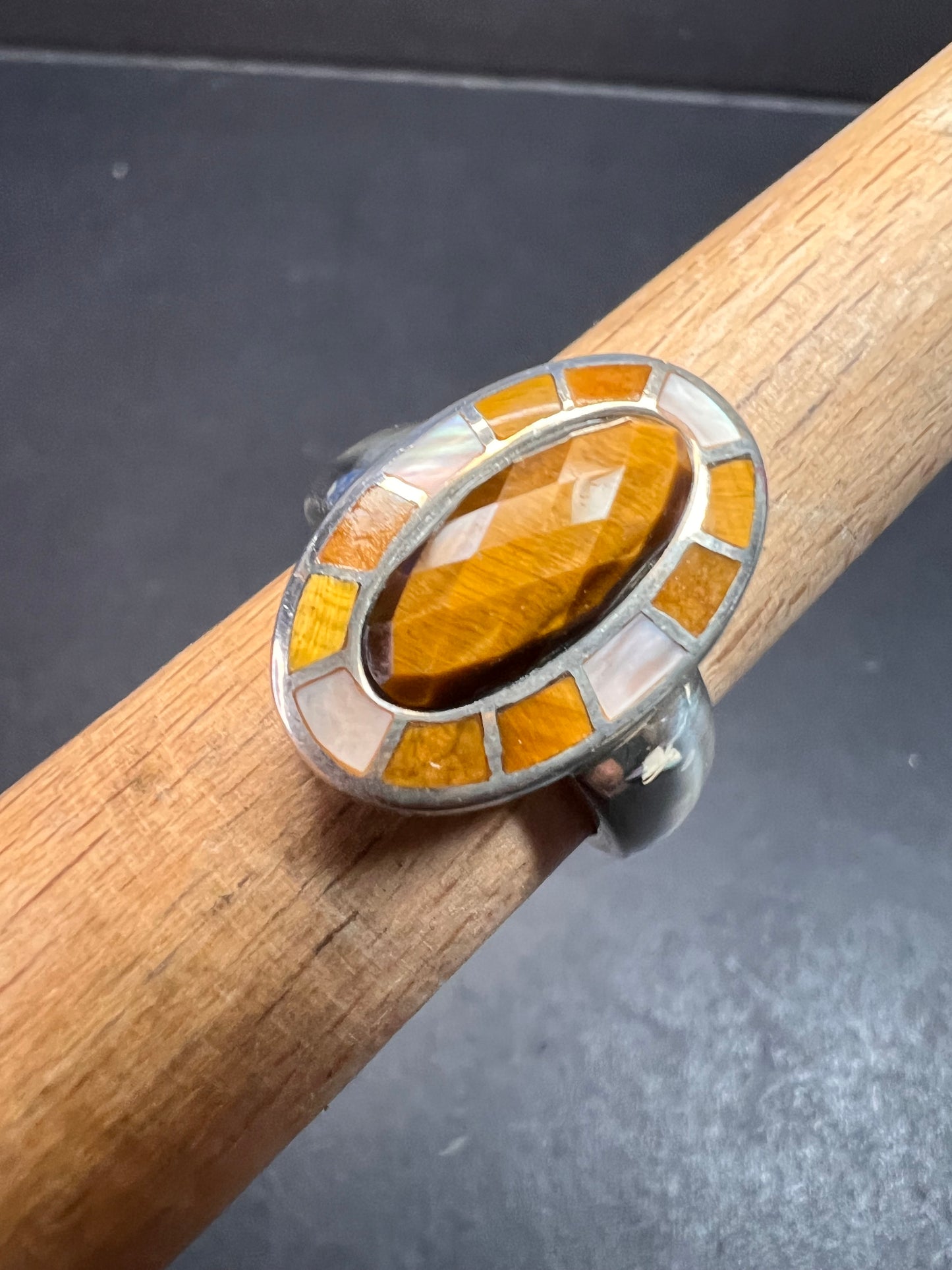 Whitney Kelly tigers eye and mother of pearl sterling silver ring size 7