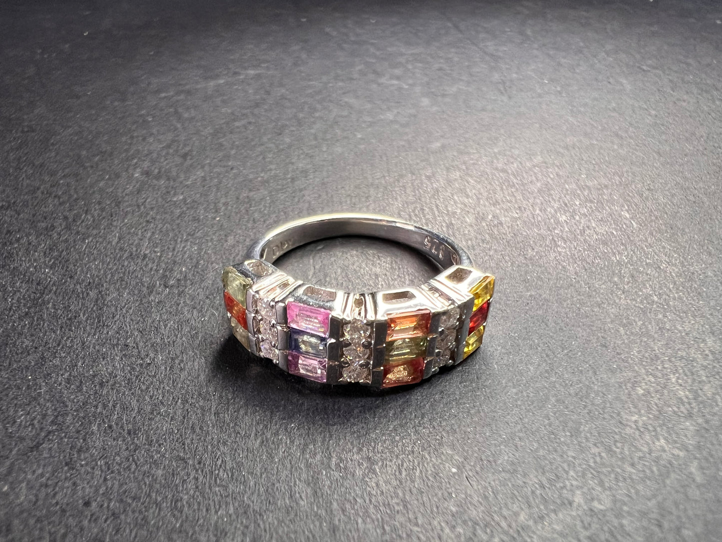 NEW multi sapphire and moissanite art deco style ring in rhodium over sterling silver size 5