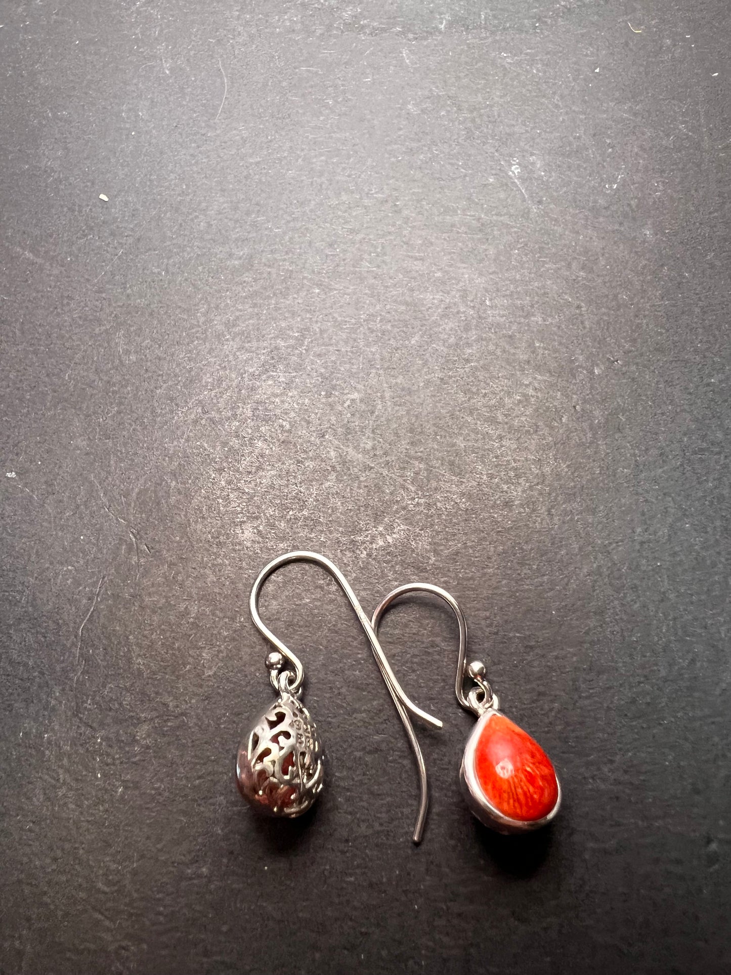 Red sponge coral sterling silver teardrop earrings