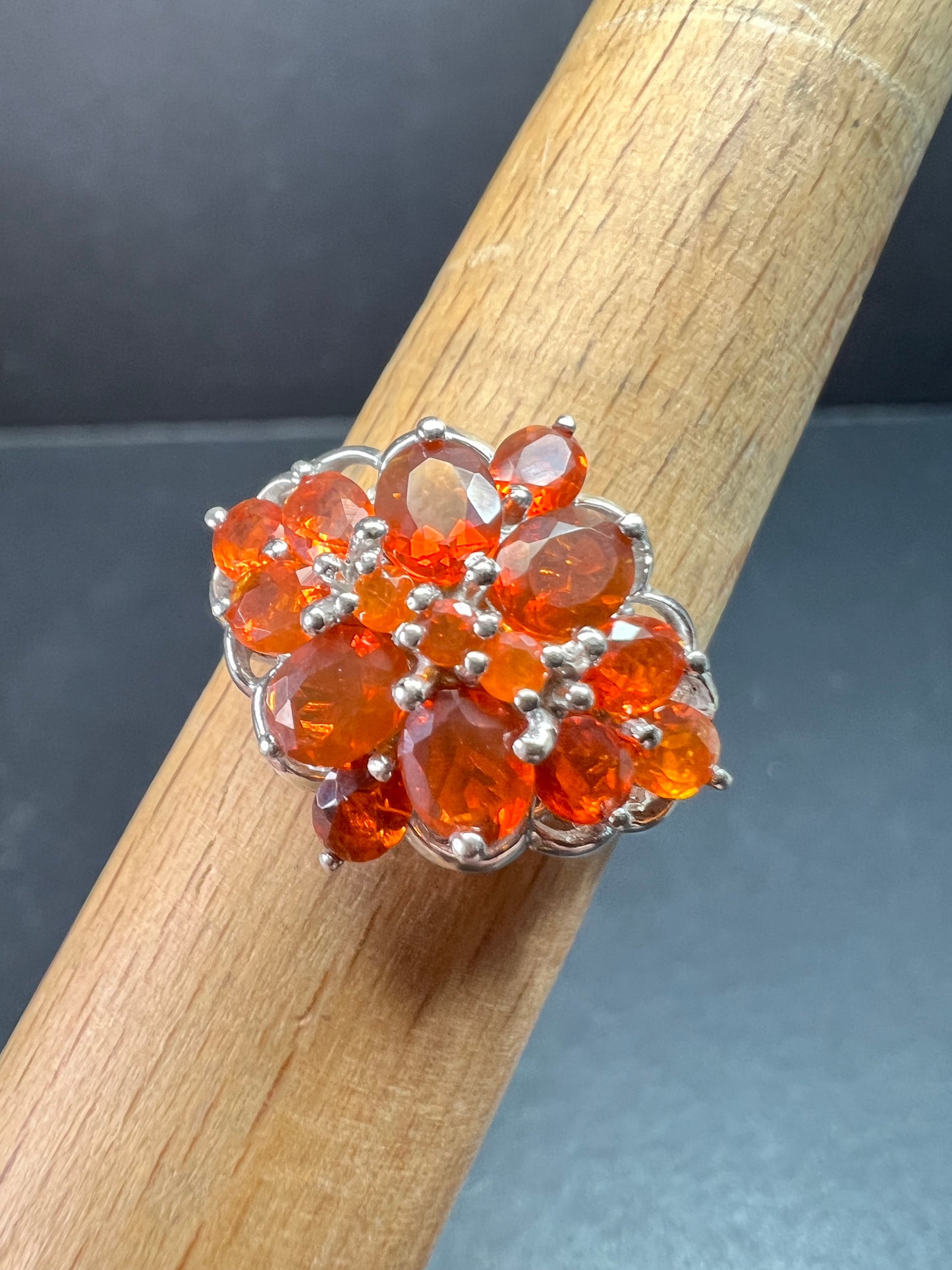 Vintage Sterling Silver Mexican Fire Opal Floral Cluster Ring Sz 9