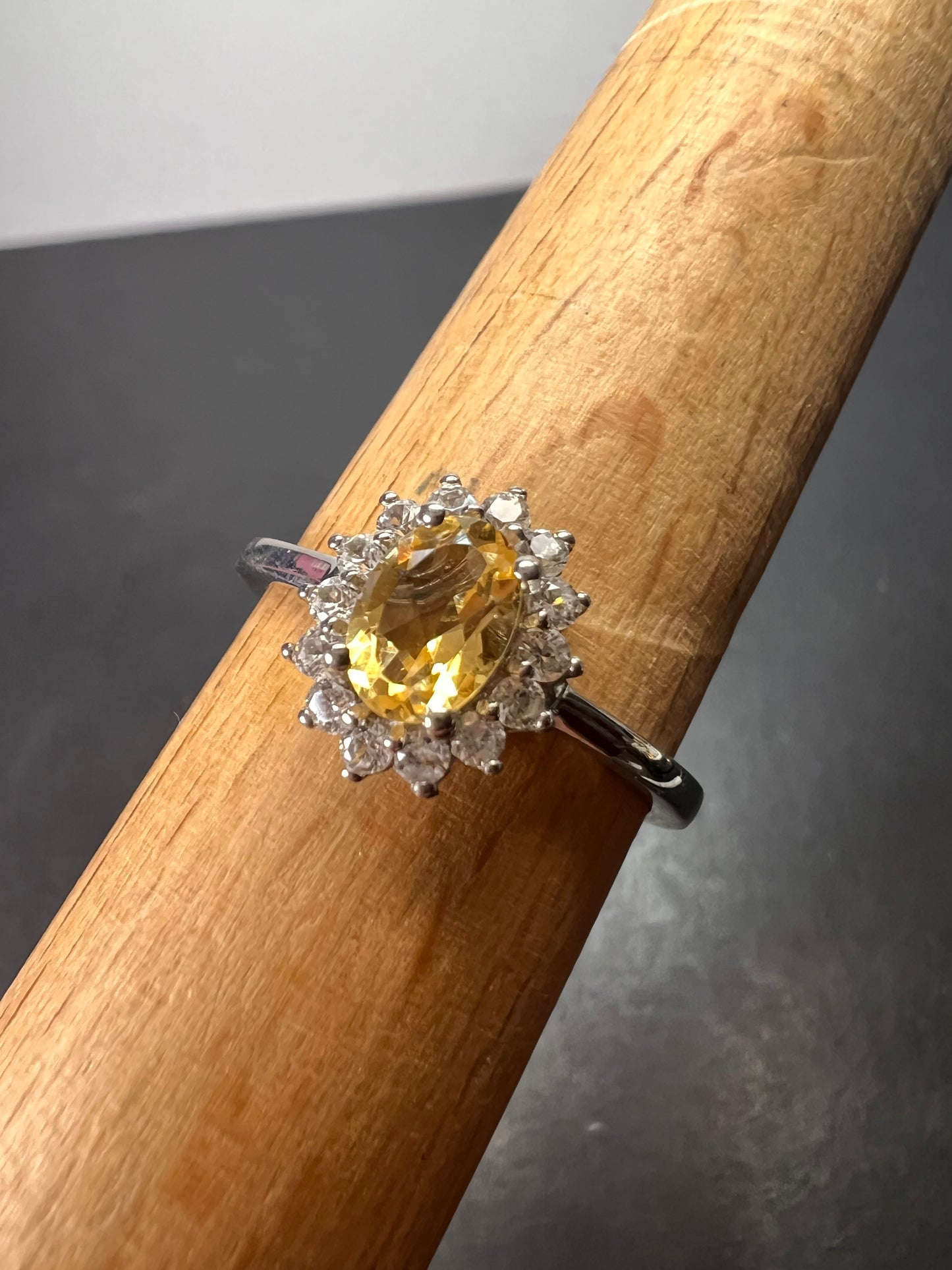 Brazilian citrine and zircon halo ring in platinum over sterling silver size 9 *NEW*