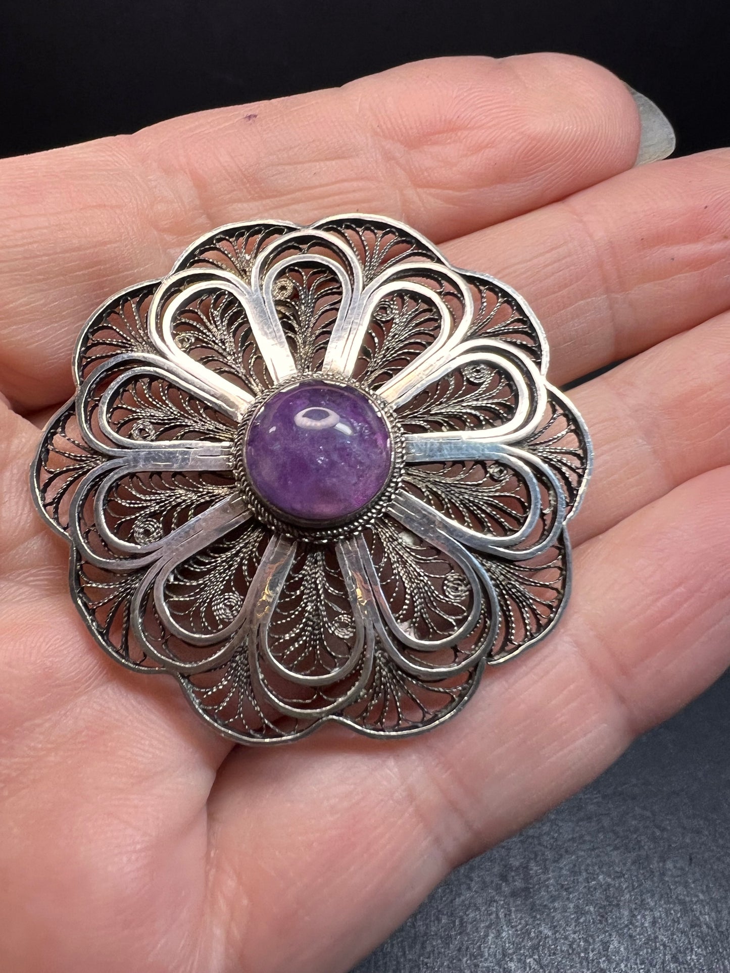 Vintage filigree amethyst sterling silver brooch made in Jerusalem