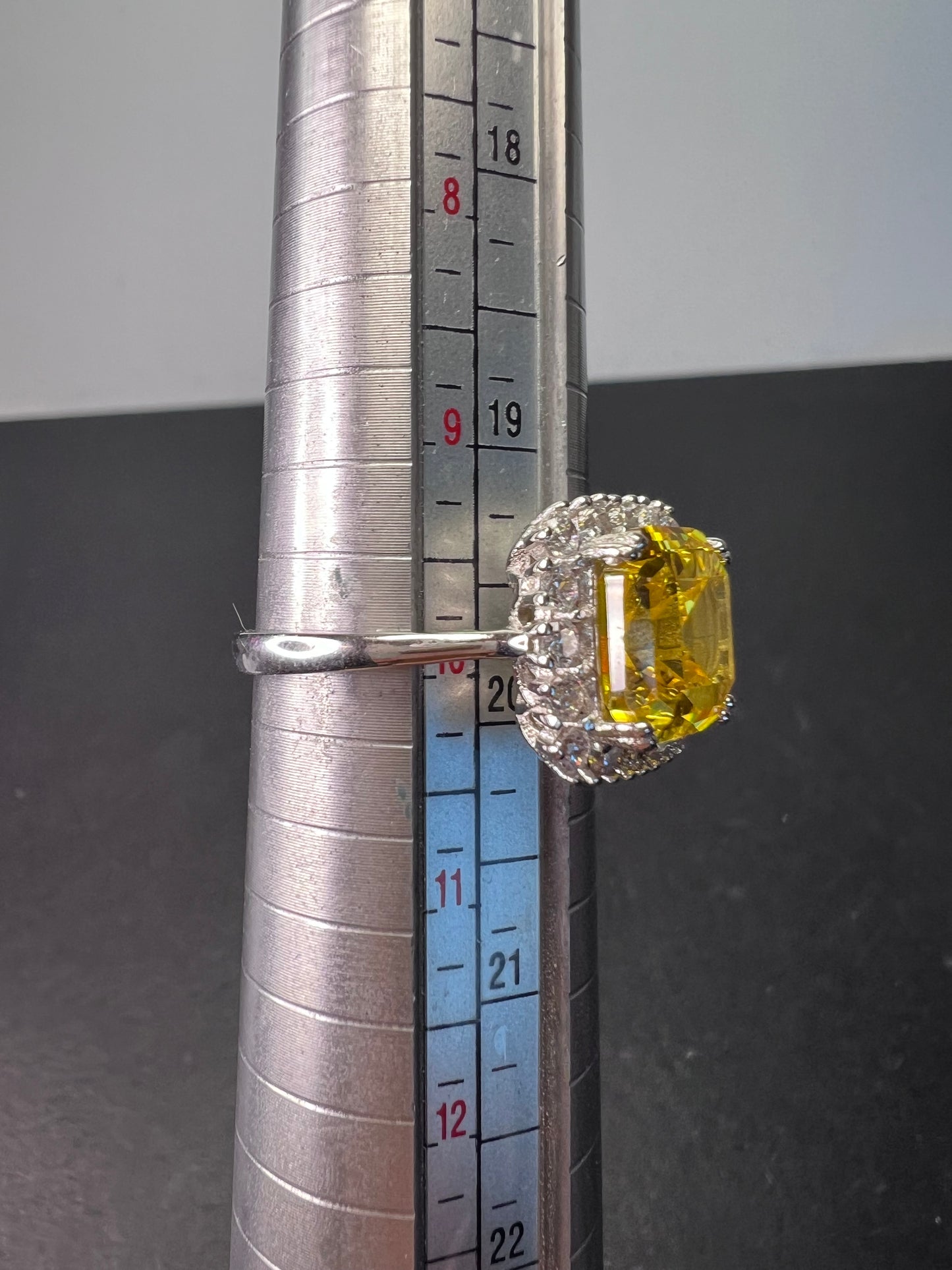 Yellow and white CZ sterling silver halo ring size 10