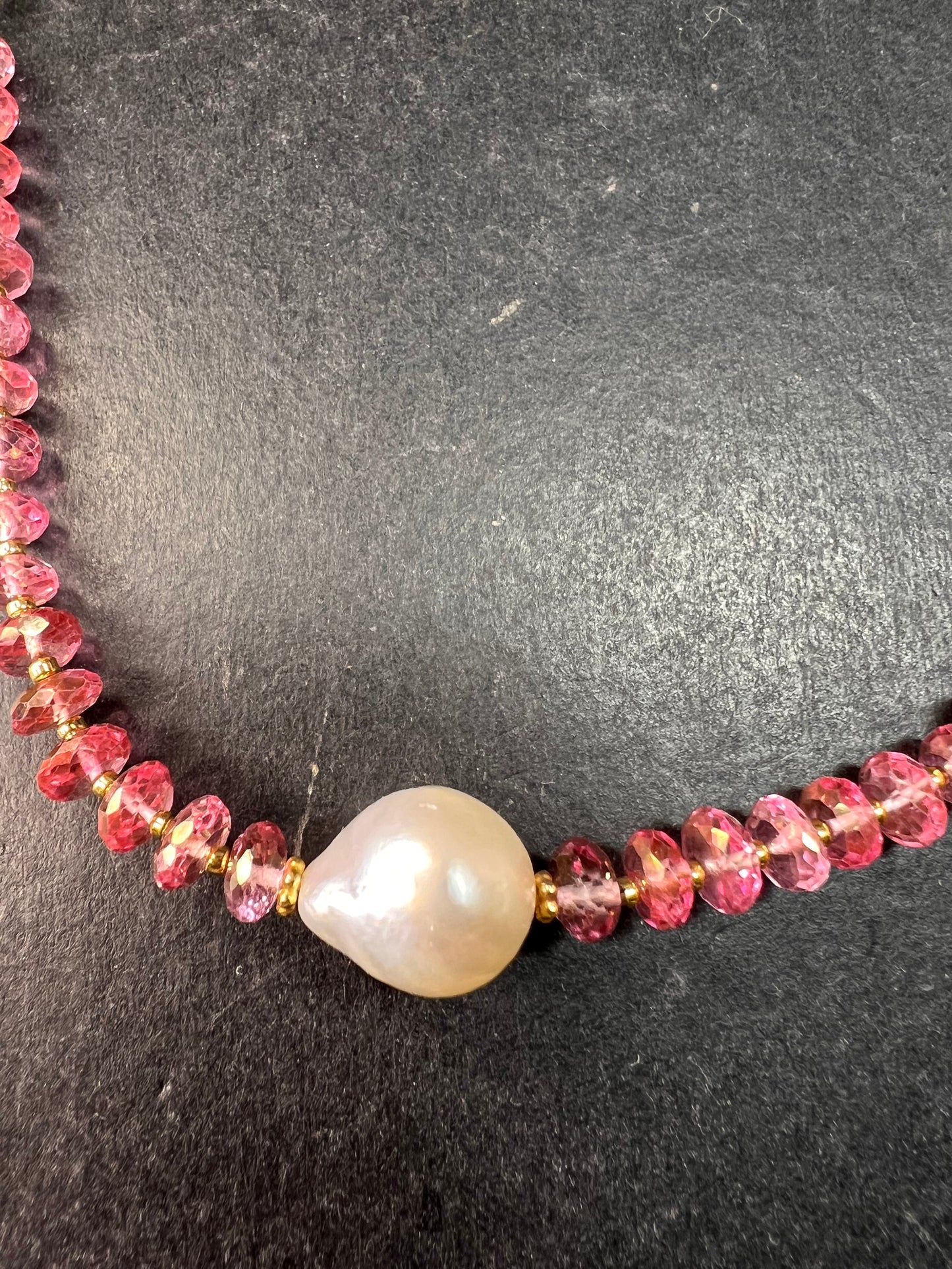 Gold Filled Necklace with Baroque Pearl and Pink Faceted Gemstone Beads