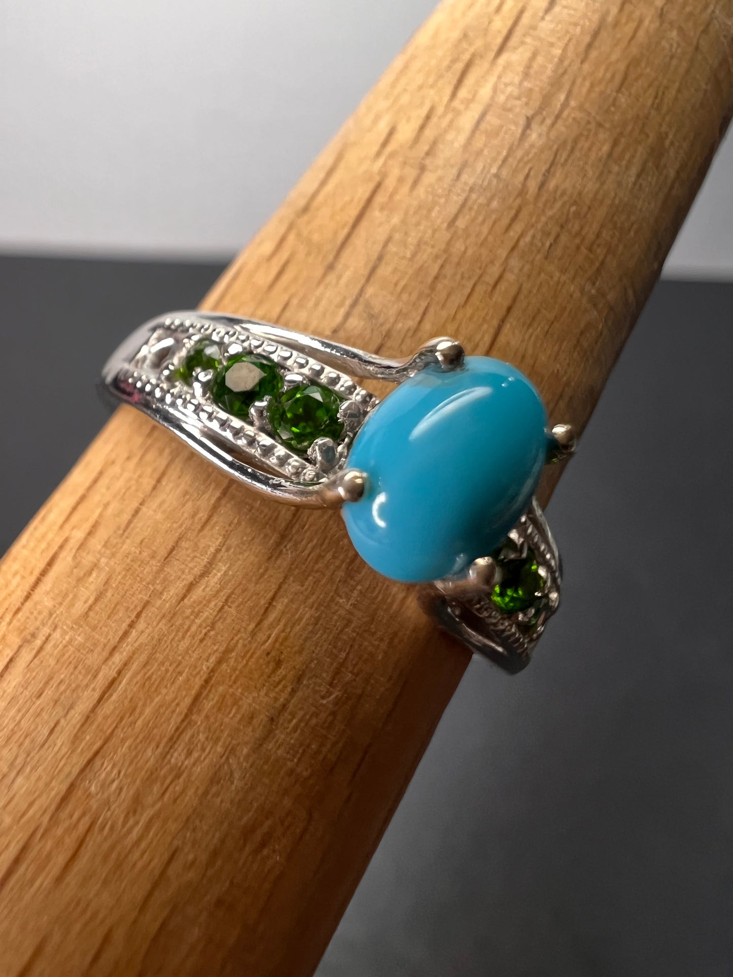 Sleeping Beauty turquoise and chrome diopside sterling silver ring size 9