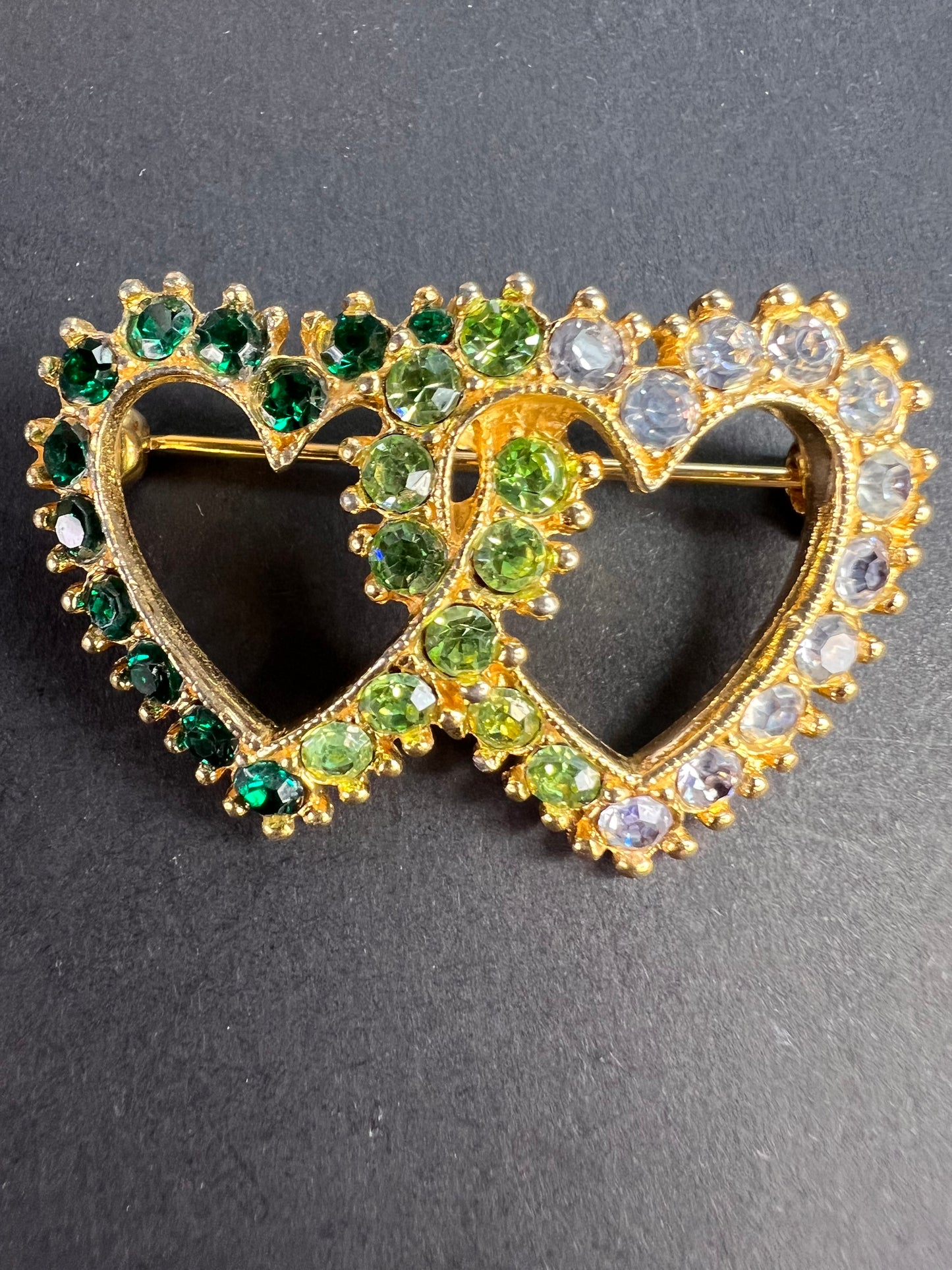 Vintage Gold Tone Double Heart Green Clear Rhinestone Brooch
