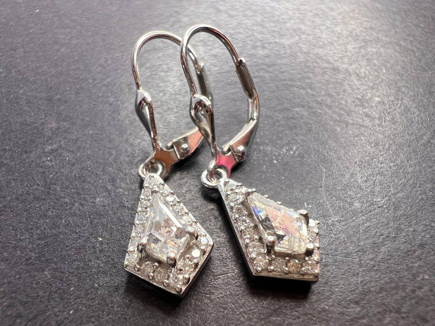 Moissanite lever back kite earrings in platinum over sterling silver *NEW*