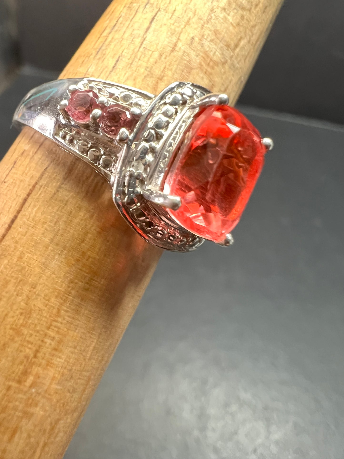 Sterling Silver Peach Red Quartz Doublet & Pink Tourmaline Ring 8.75
