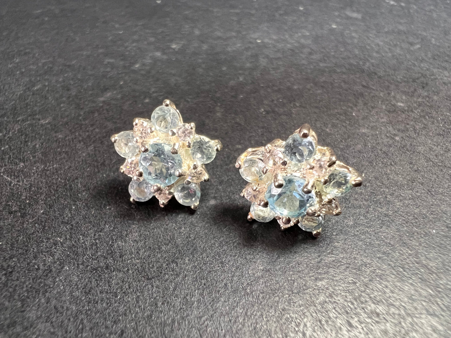 Vintage blue topaz and cz sterling silver snowflake stud earrings