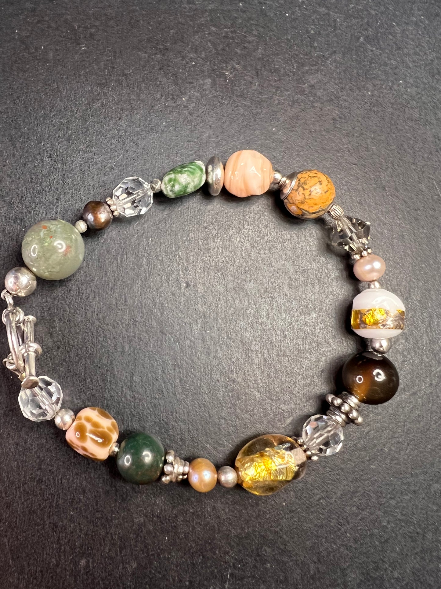 Vintage sterling silver, semi precious stones and glass toggle 8 inch bracelet