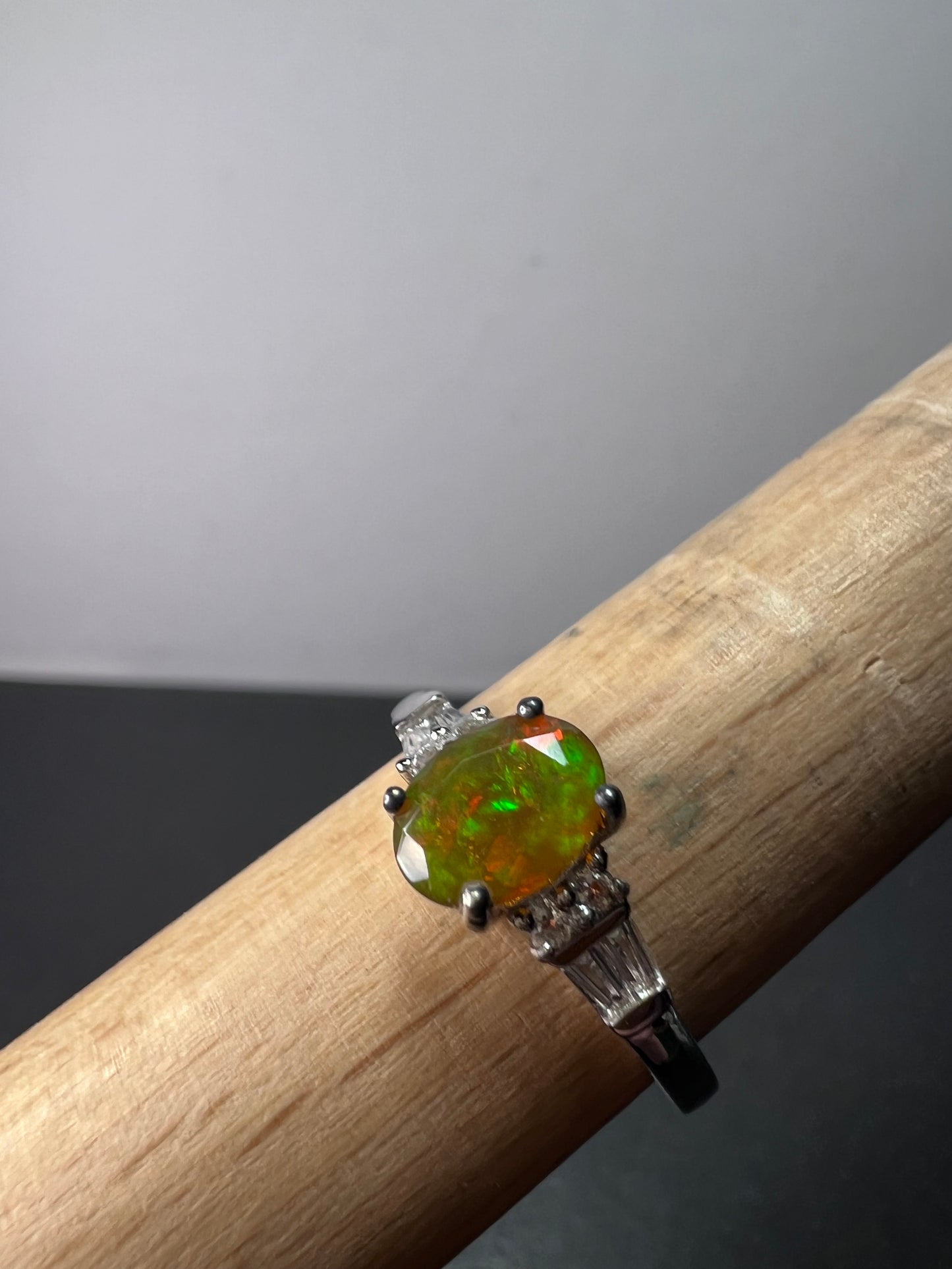 Ethiopian opal and white topaz sterling silver ring size 9