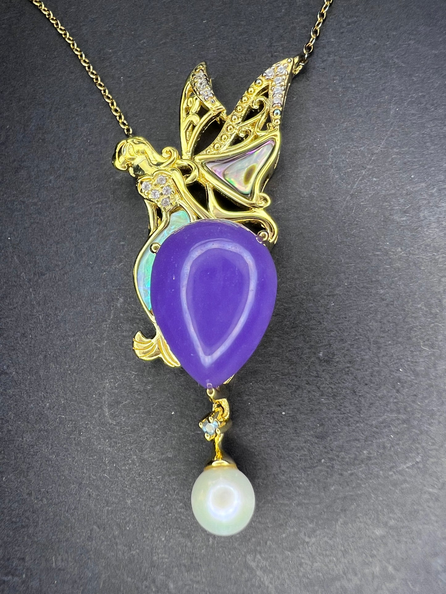 Fairy mermaid lavender jadeite , abalone and pearl pendant and chain necklace in gold over sterling silver.