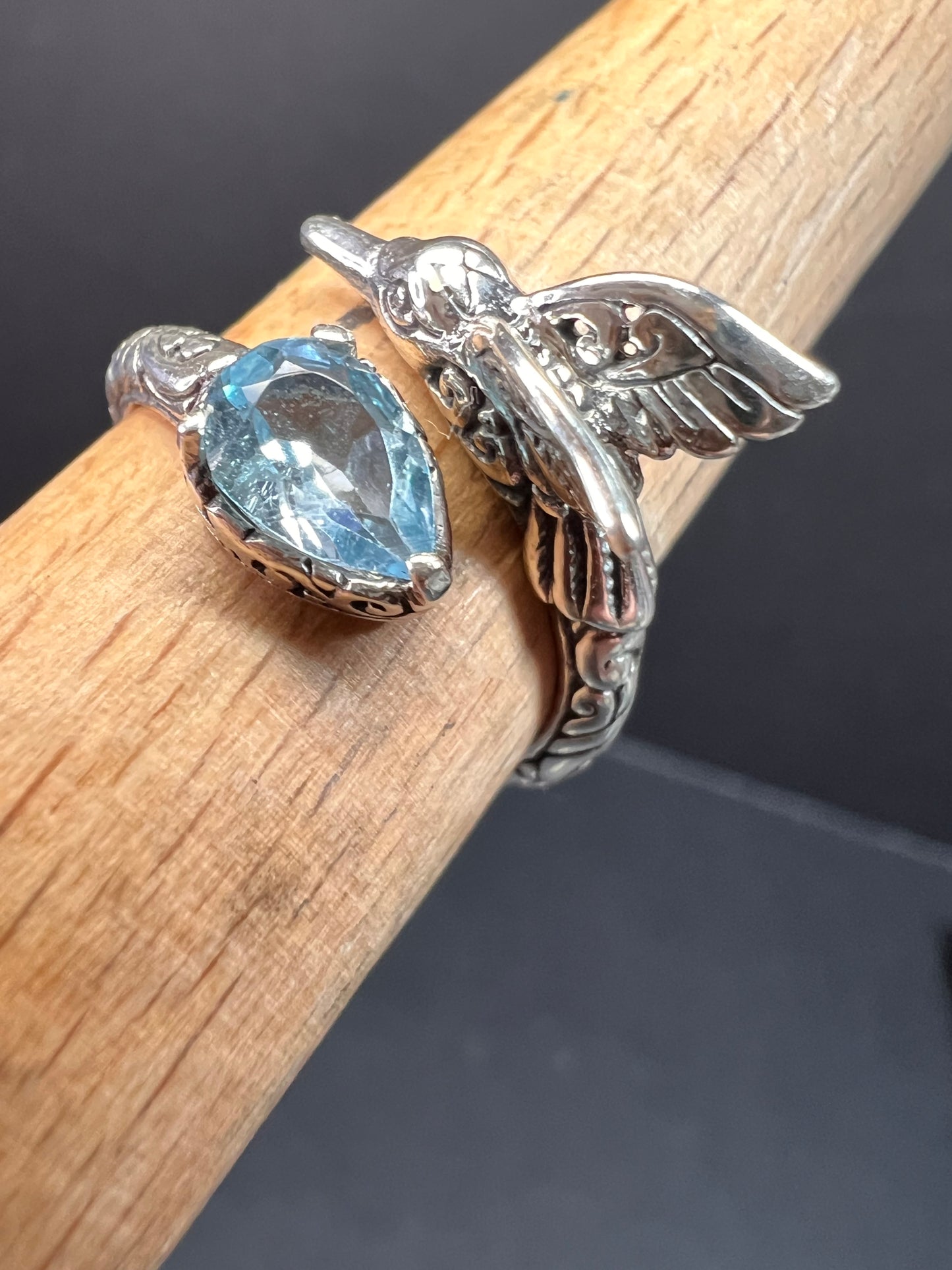 NEW Blue topaz hummingbird Bali sterling silver ring size 7