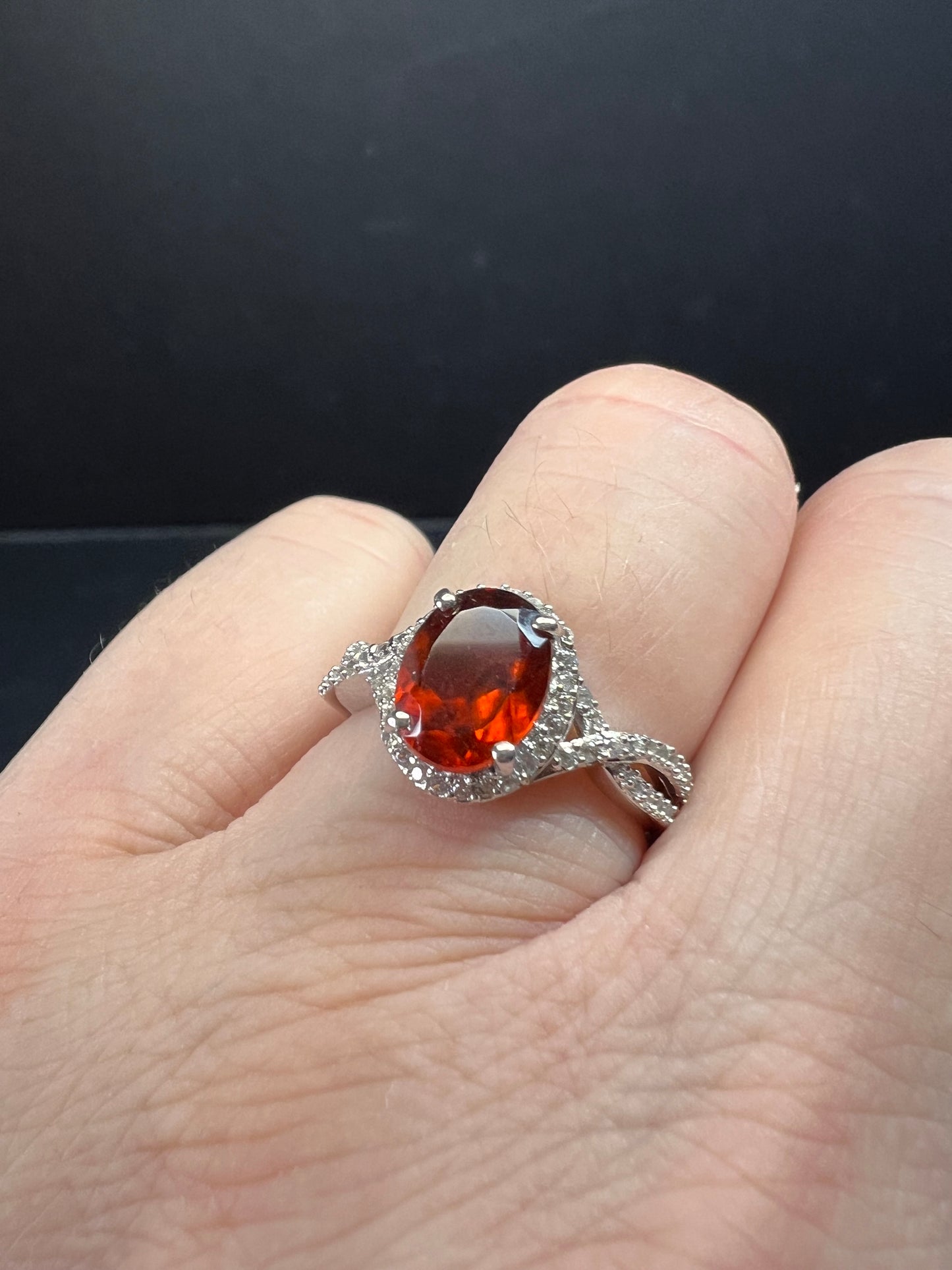 NEW Ceylon Hessonite garnet and zircon ring in rhodium over sterling silver size 7