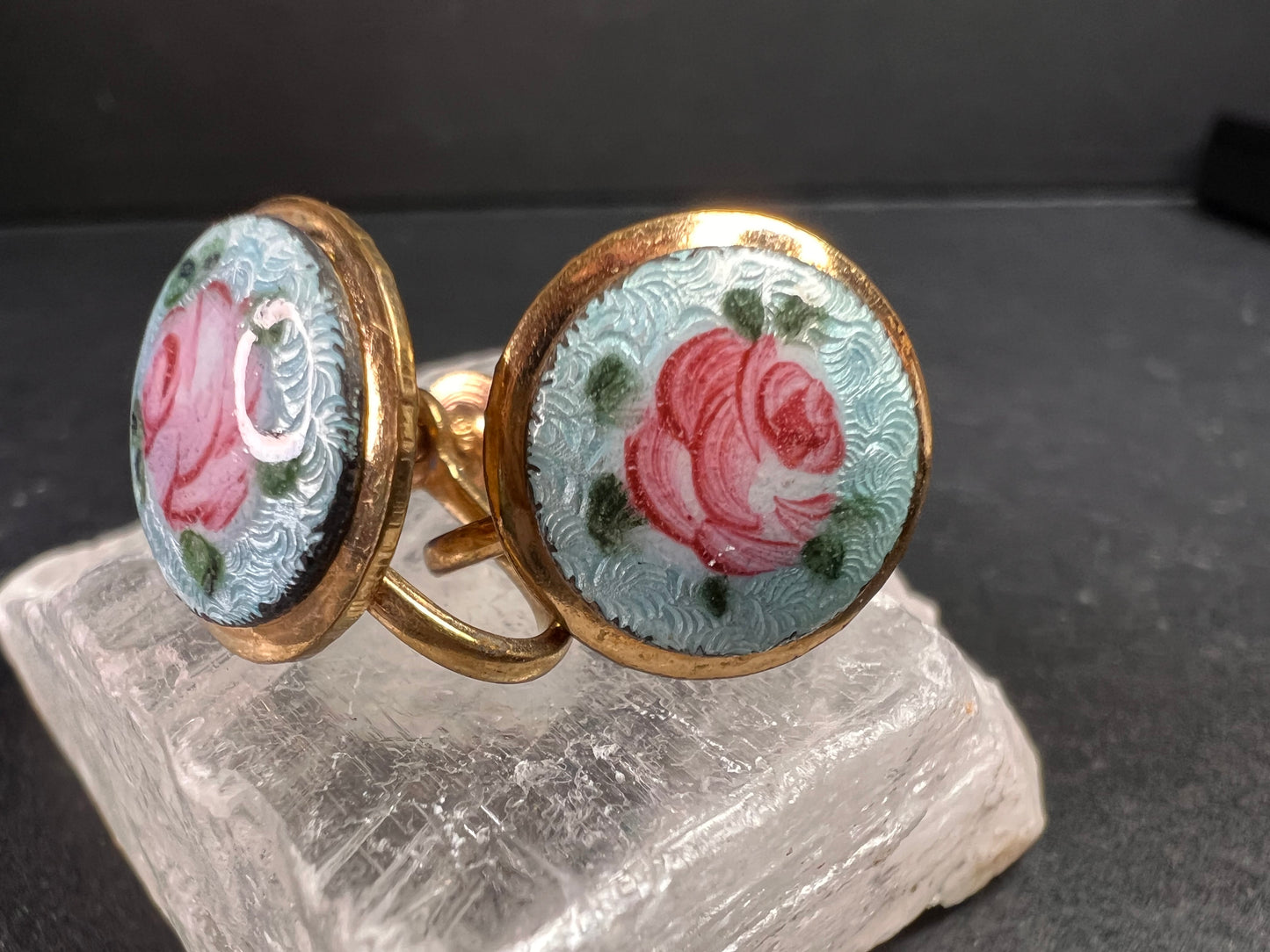 Vintage MCM Gold Tone Guilloche Enamel Pink Rose Screw Back Earrings